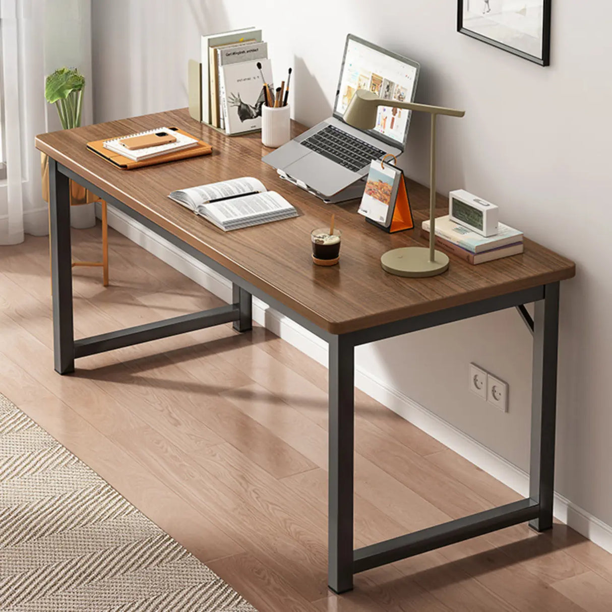 Brown Rectangle Butcher Block H-Shape Writing Desk Image - 18