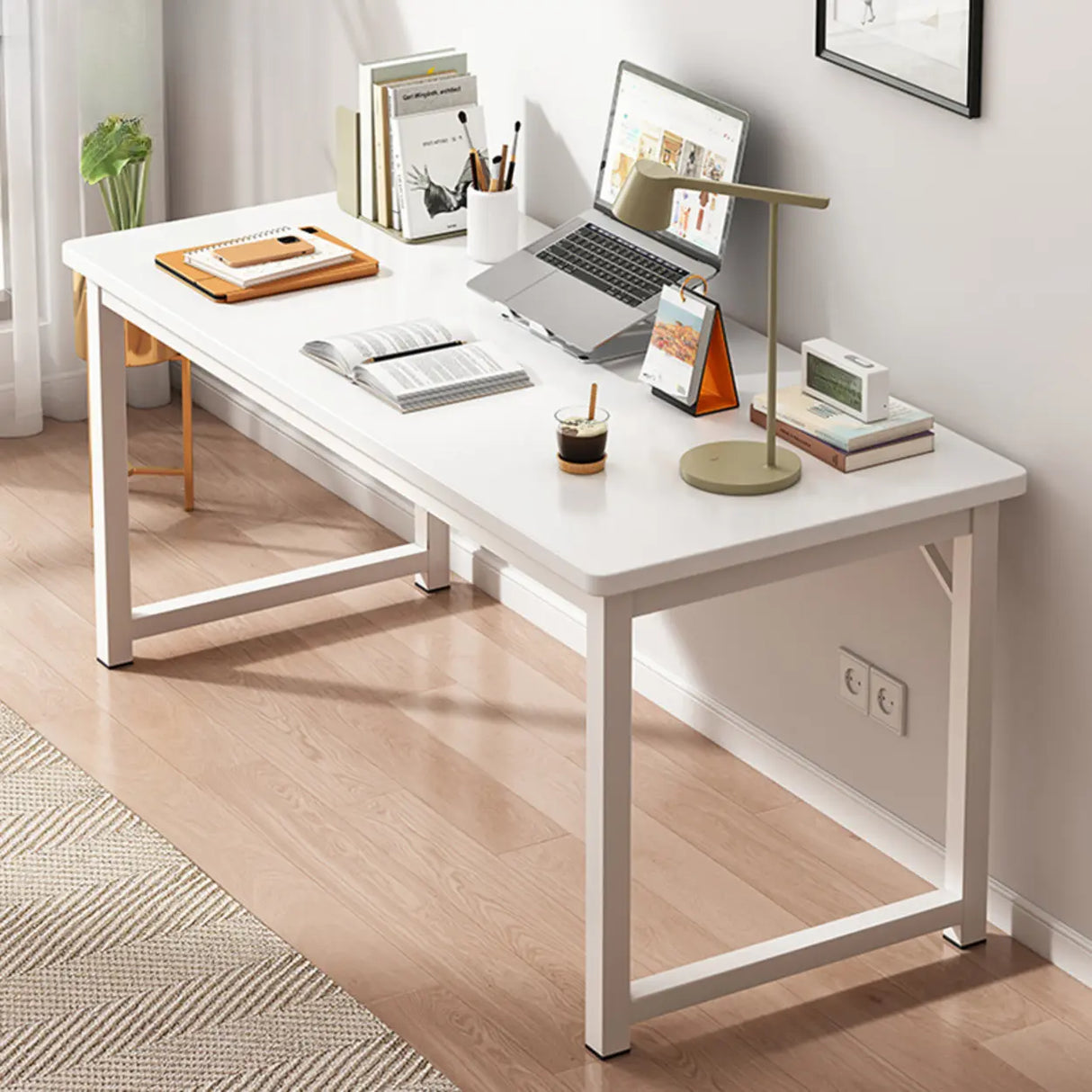 Brown Rectangle Butcher Block H-Shape Writing Desk Image - 19