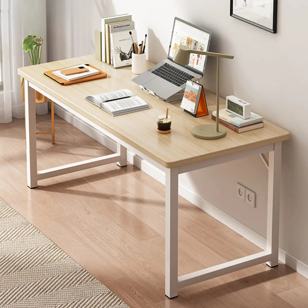 Brown Rectangle Butcher Block H-Shape Writing Desk Image - 20