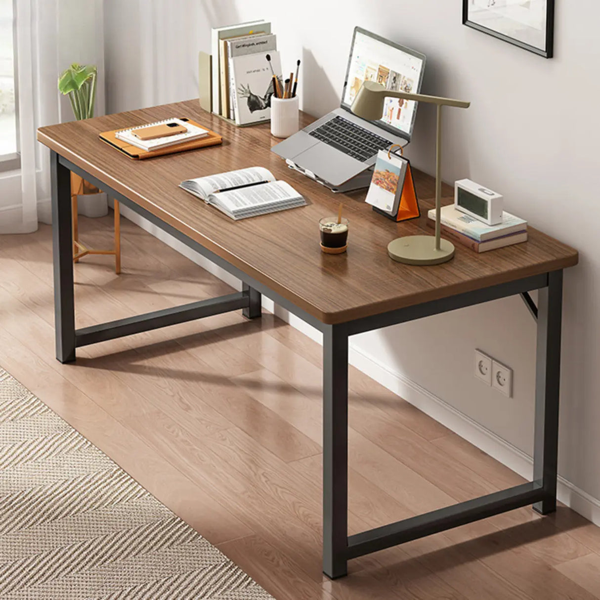 Brown Rectangle Butcher Block H-Shape Writing Desk Image - 21