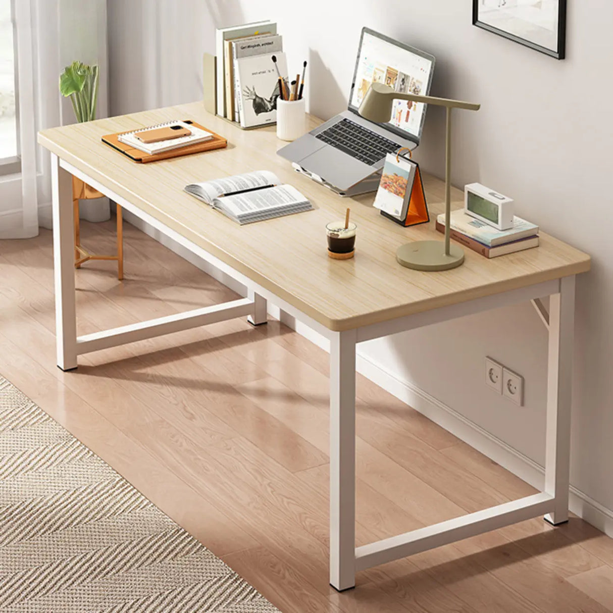 Brown Rectangle Butcher Block H-Shape Writing Desk Image - 22