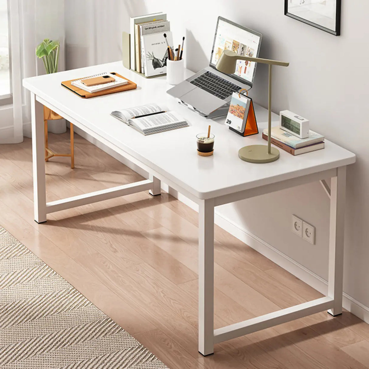 Brown Rectangle Butcher Block H-Shape Writing Desk Image - 23