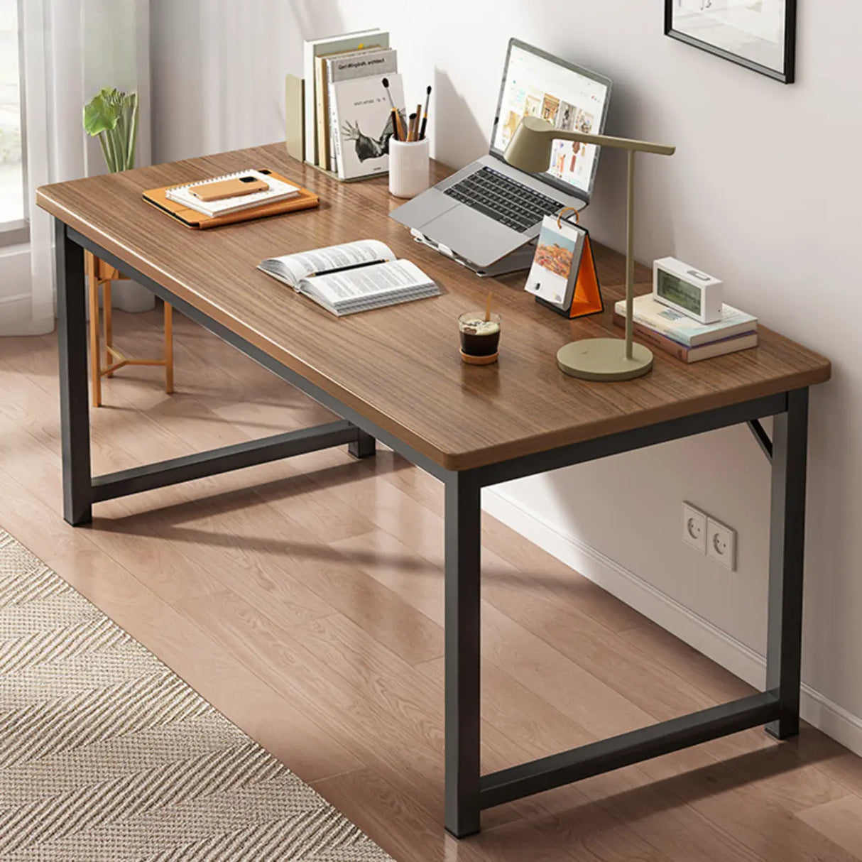 Brown Rectangle Butcher Block H-Shape Writing Desk Image - 24