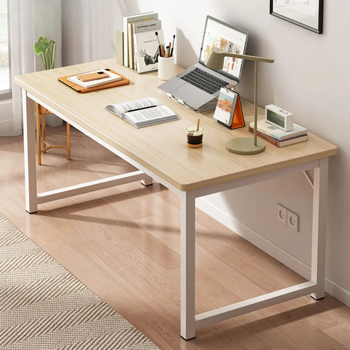 Brown Rectangle Butcher Block H-Shape Writing Desk Image - 25