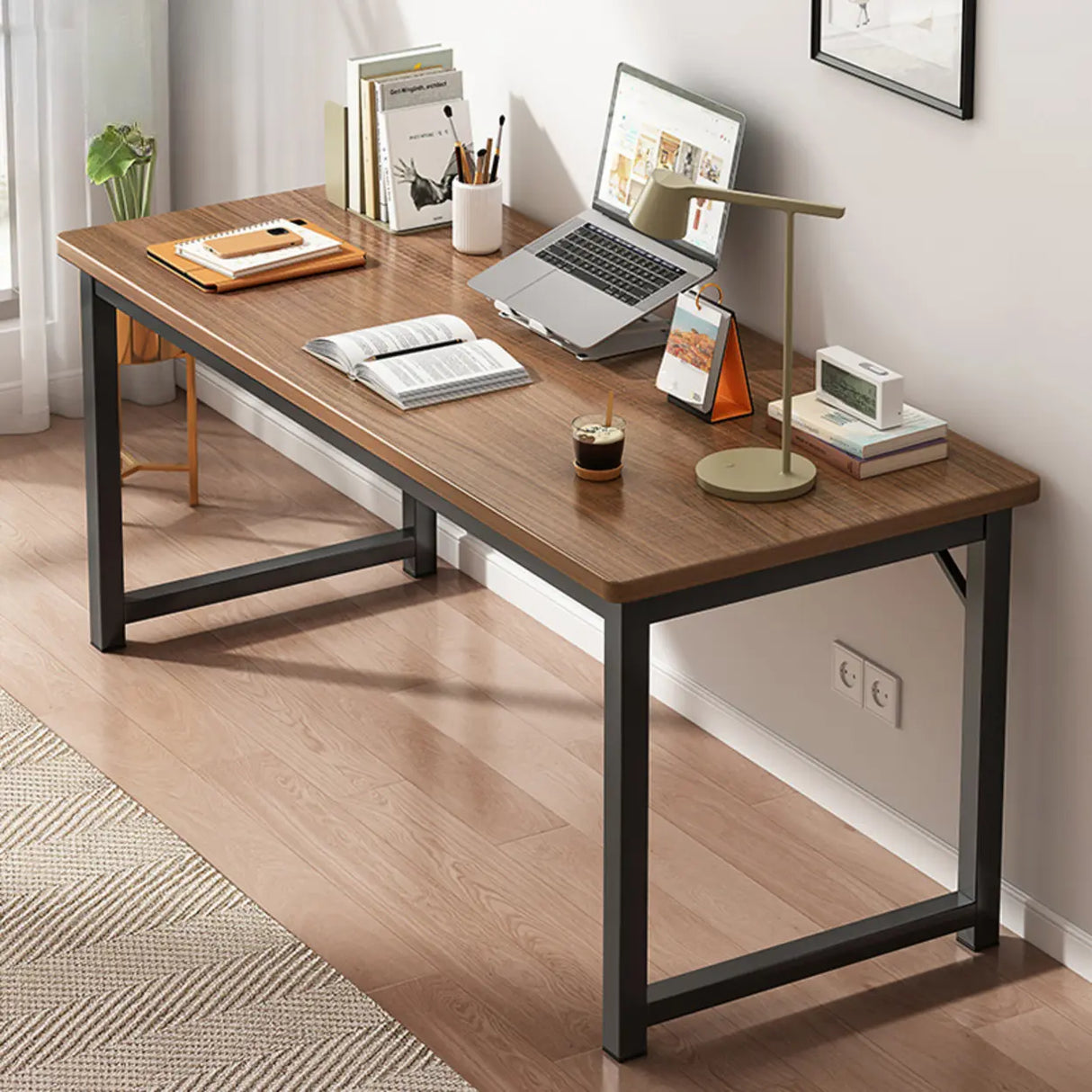 Brown Rectangle Butcher Block H-Shape Writing Desk Image - 27