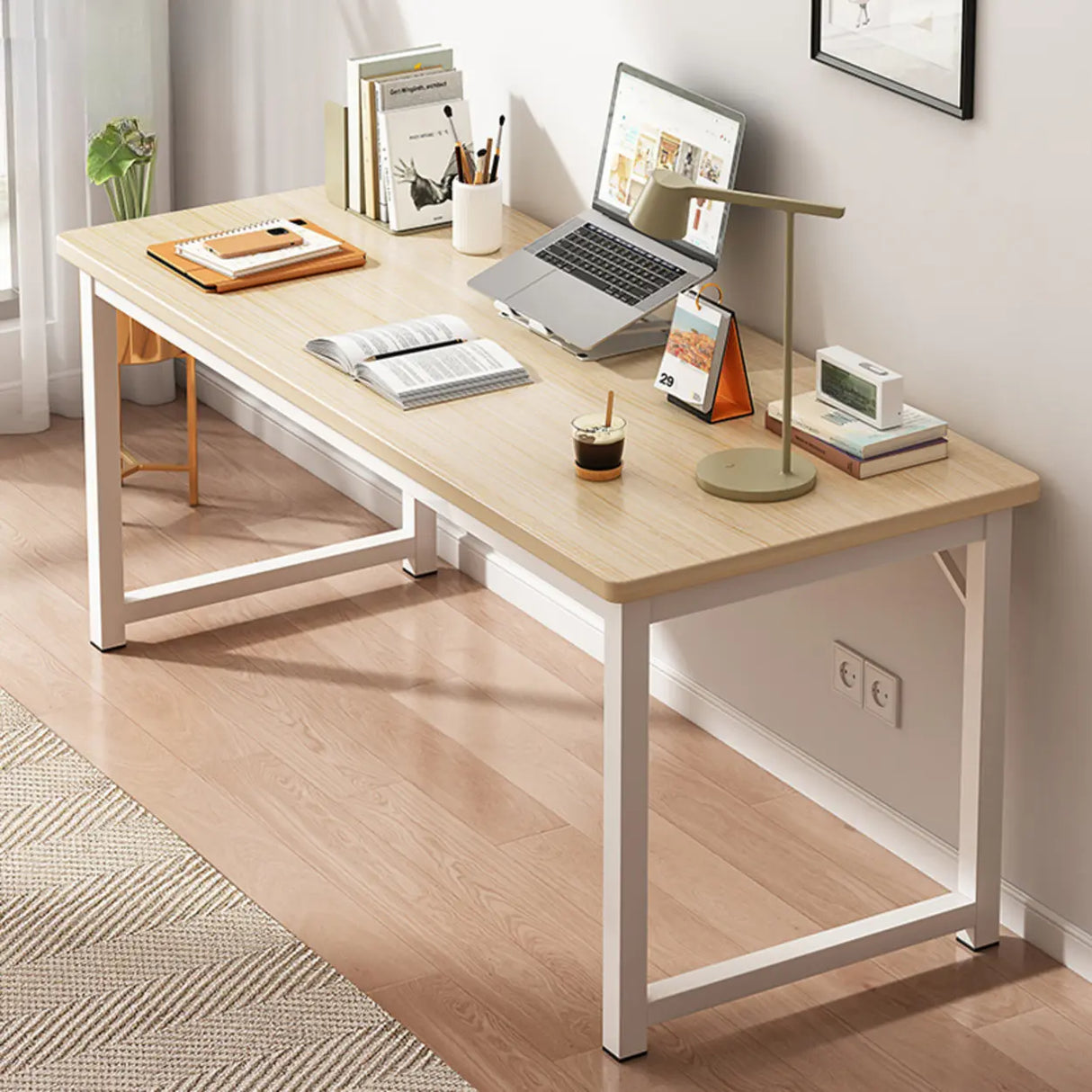 Brown Rectangle Butcher Block H-Shape Writing Desk Image - 28