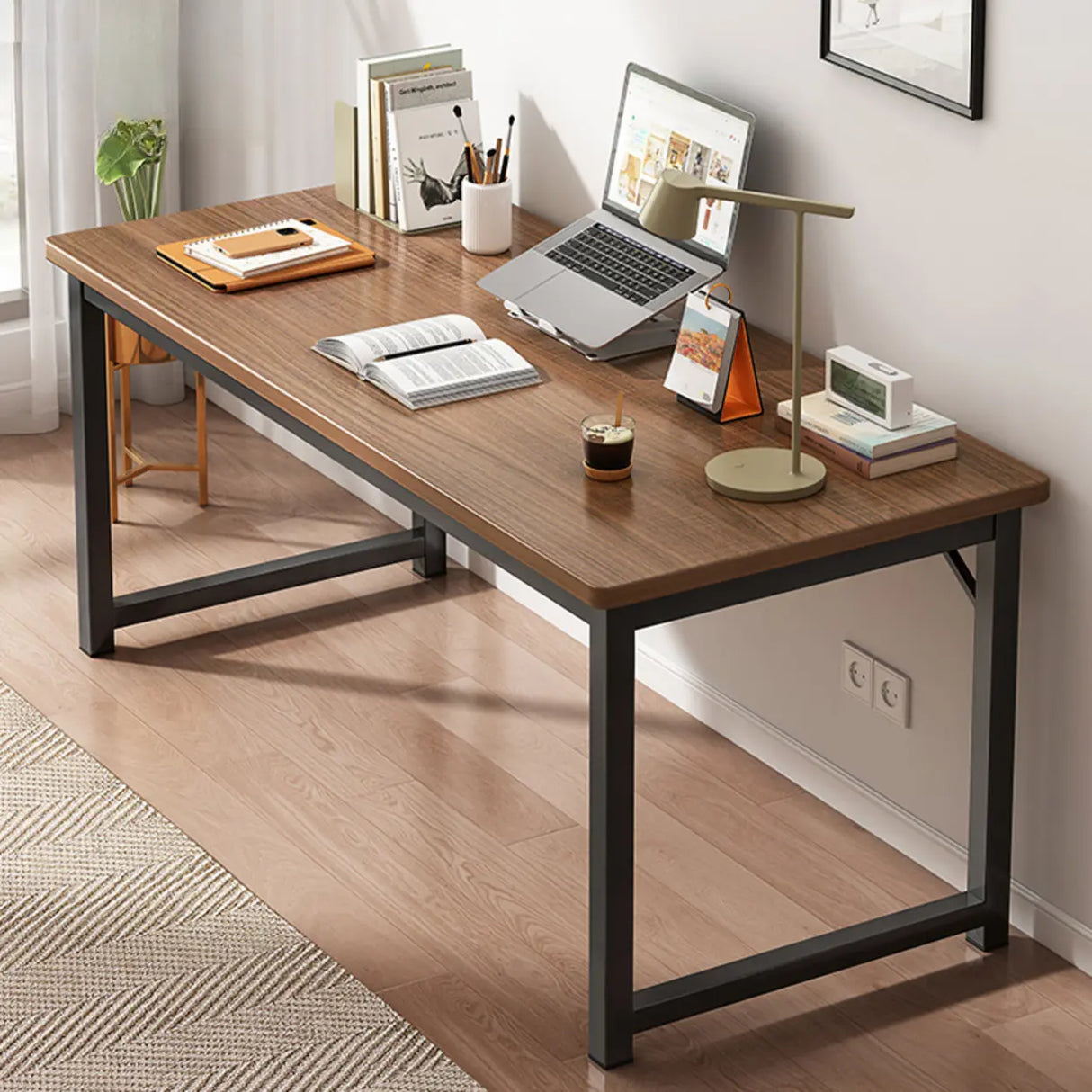 Brown Rectangle Butcher Block H-Shape Writing Desk Image - 30