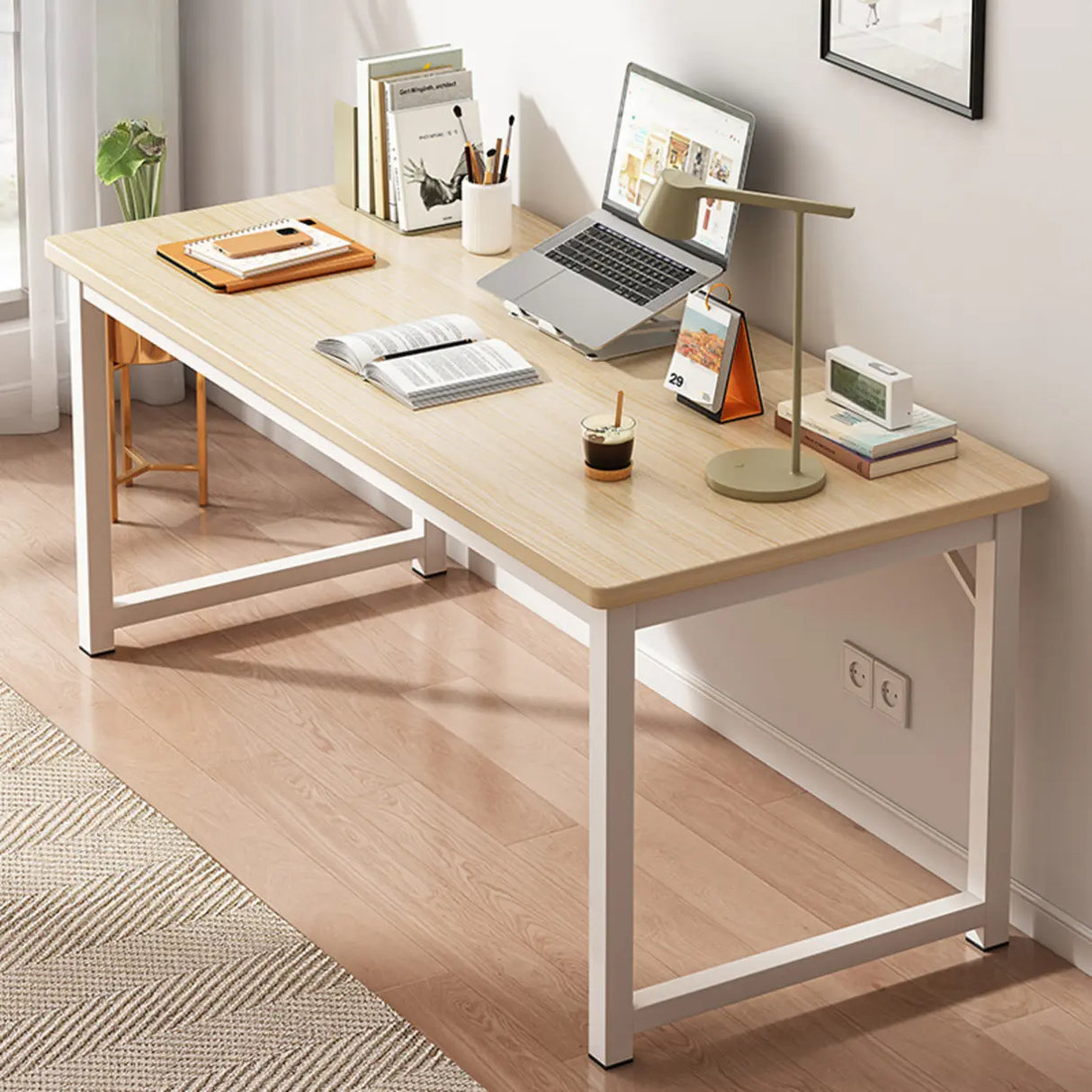 Brown Rectangle Butcher Block H-Shape Writing Desk Image - 31