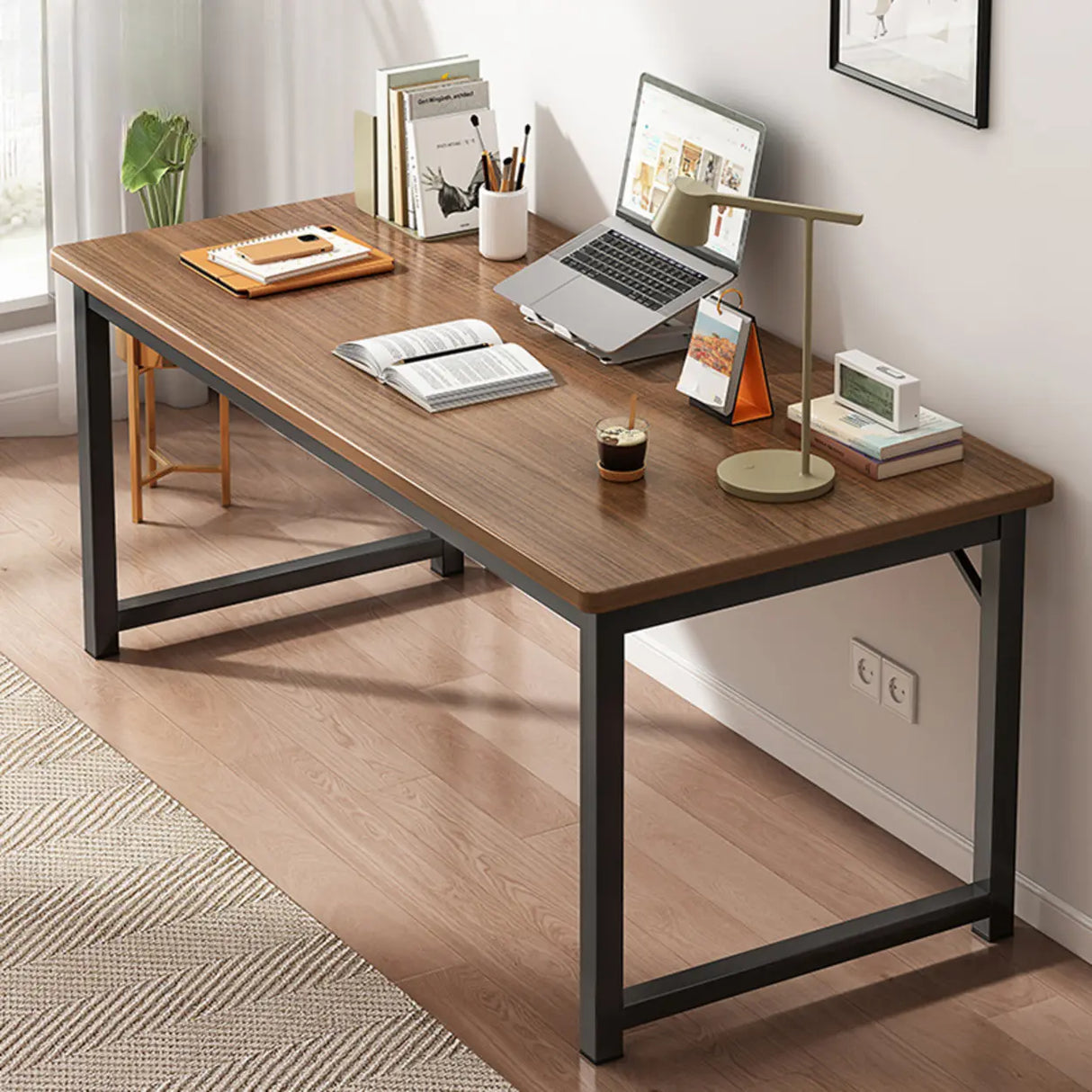 Brown Rectangle Butcher Block H-Shape Writing Desk Image - 33