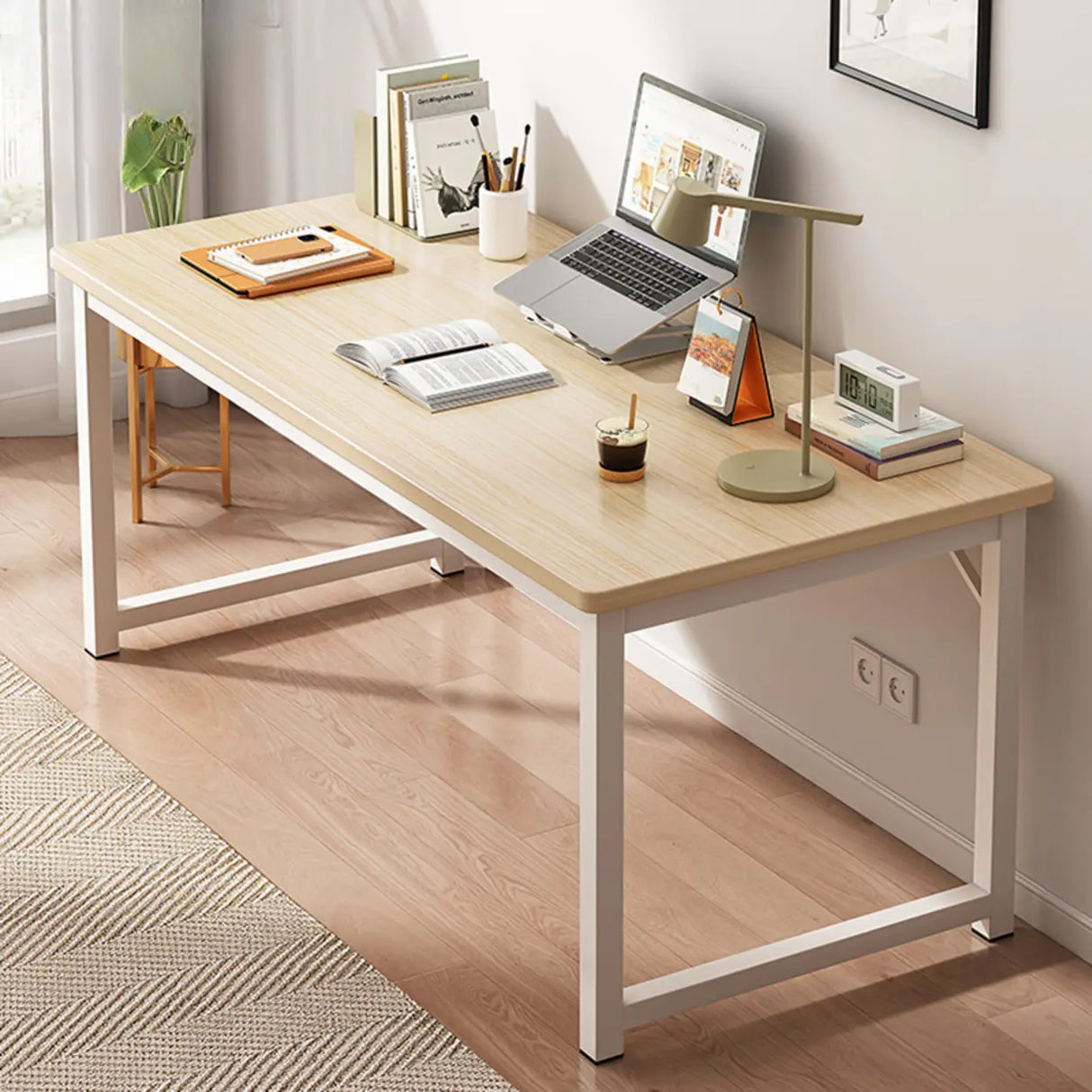 Brown Rectangle Butcher Block H-Shape Writing Desk Image - 34