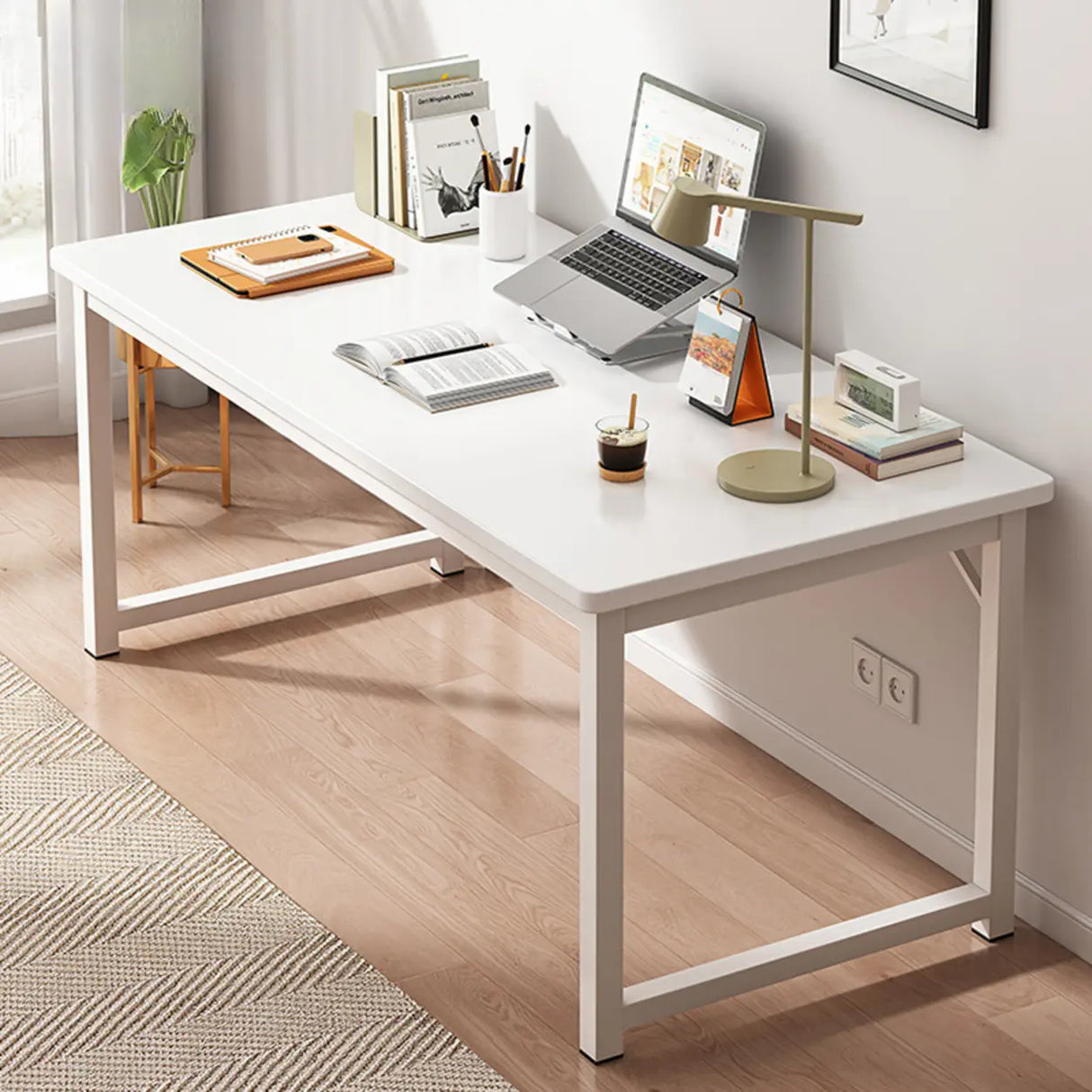 Brown Rectangle Butcher Block H-Shape Writing Desk Image - 35