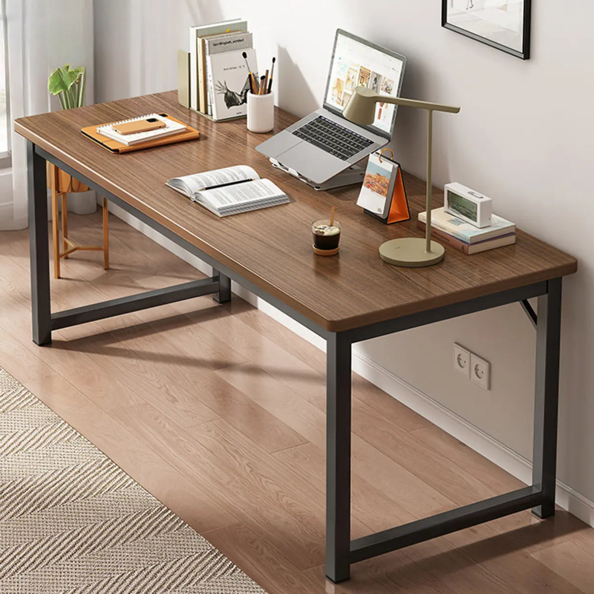 Brown Rectangle Butcher Block H-Shape Writing Desk Image - 36