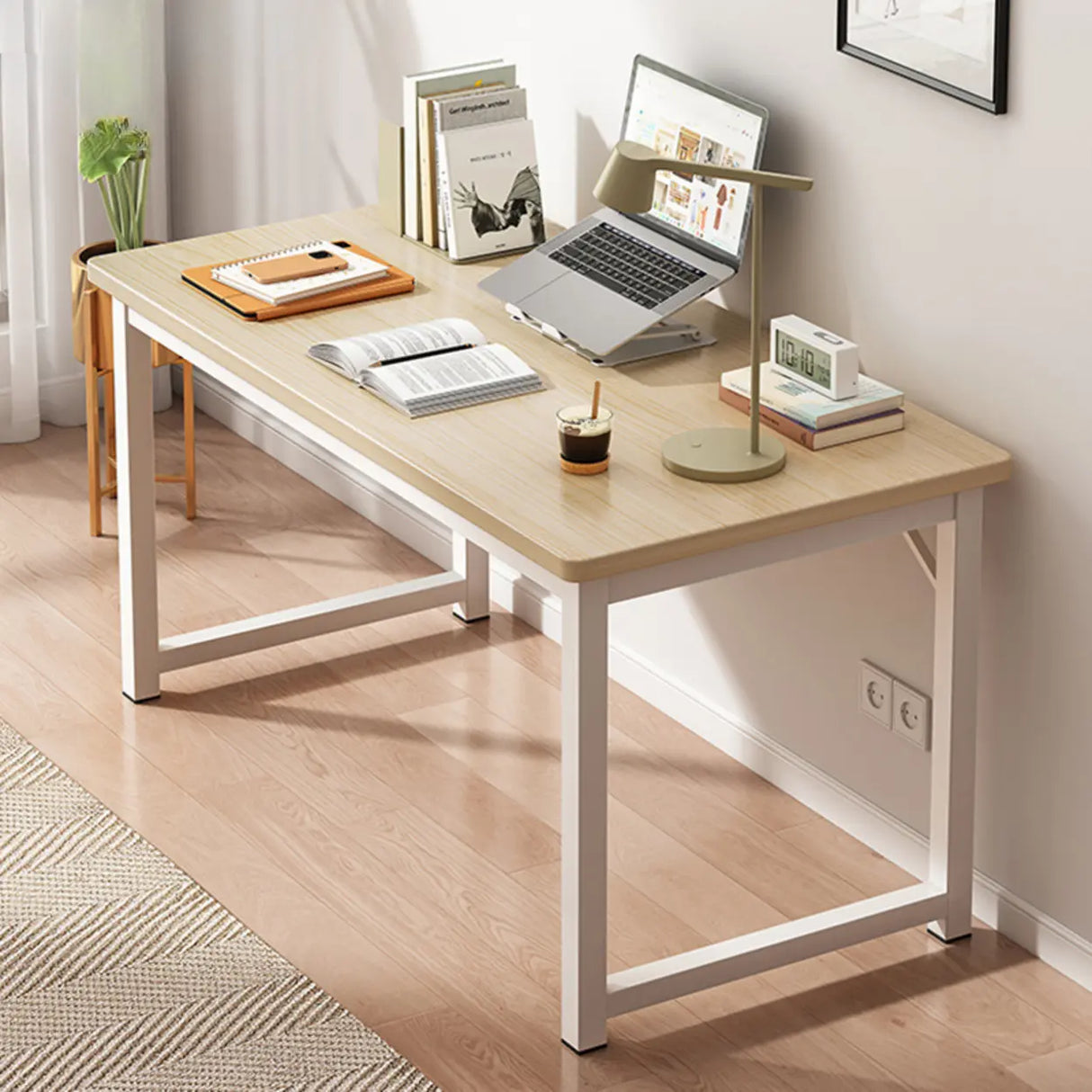 Brown Rectangle Butcher Block H-Shape Writing Desk Image - 3