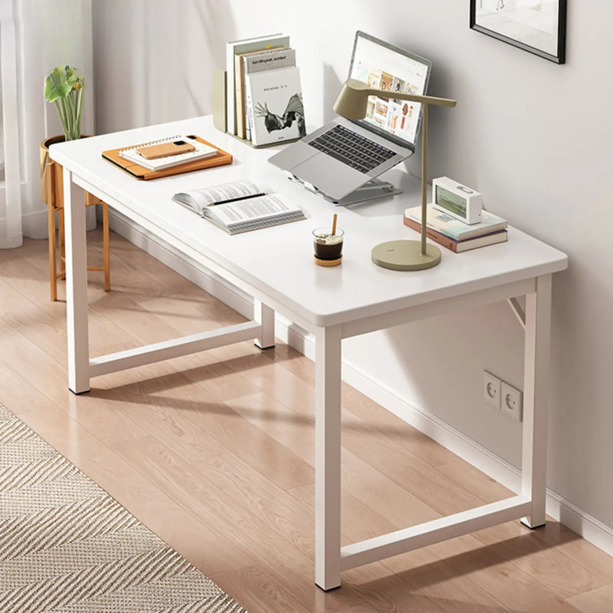 Brown Rectangle Butcher Block H-Shape Writing Desk Image - 5