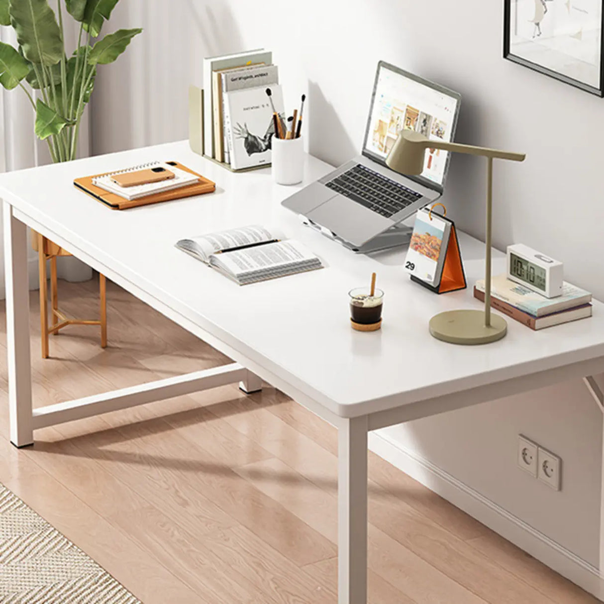 Brown Rectangle Butcher Block H-Shape Writing Desk Image - 7