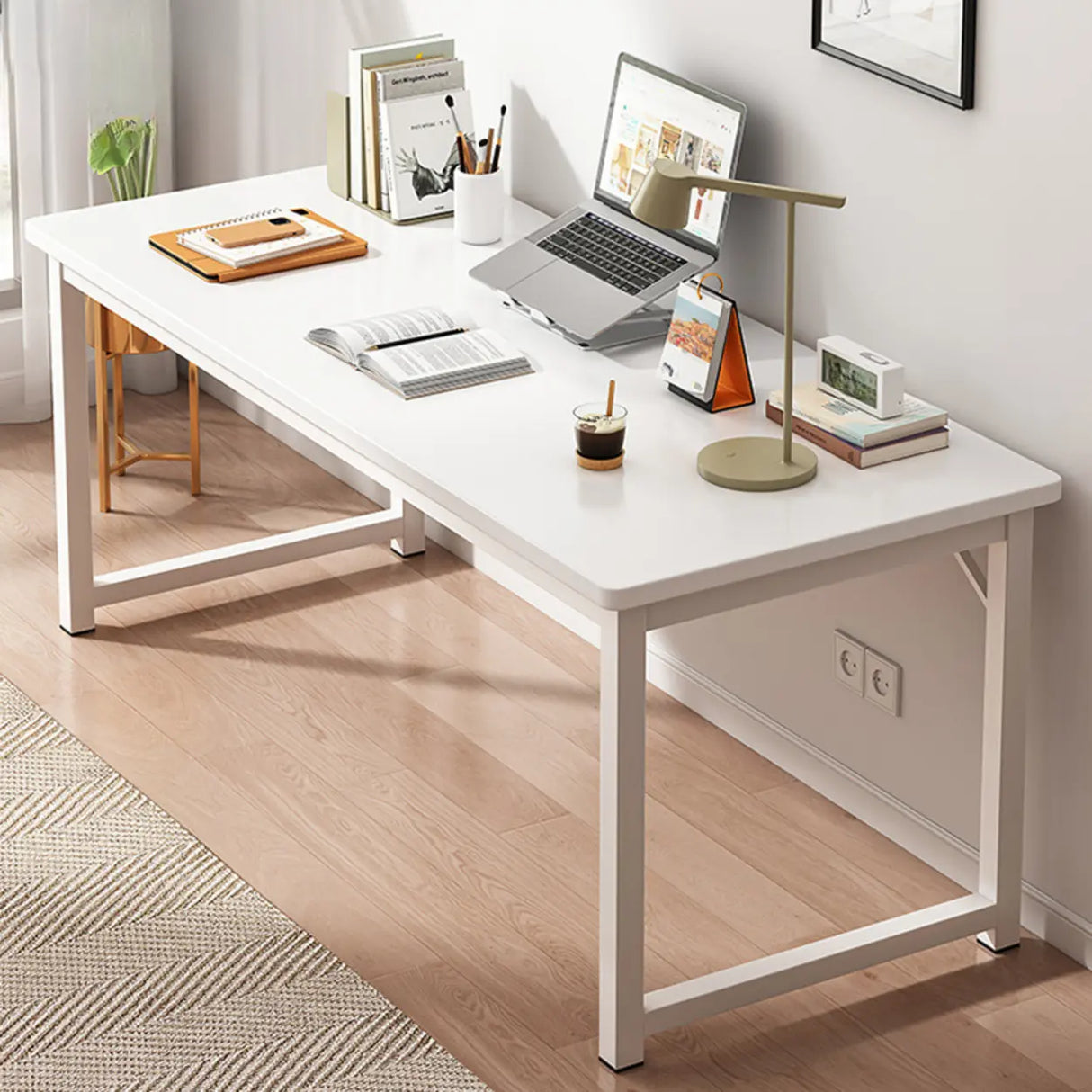 Brown Rectangle Butcher Block H-Shape Writing Desk Image - 8