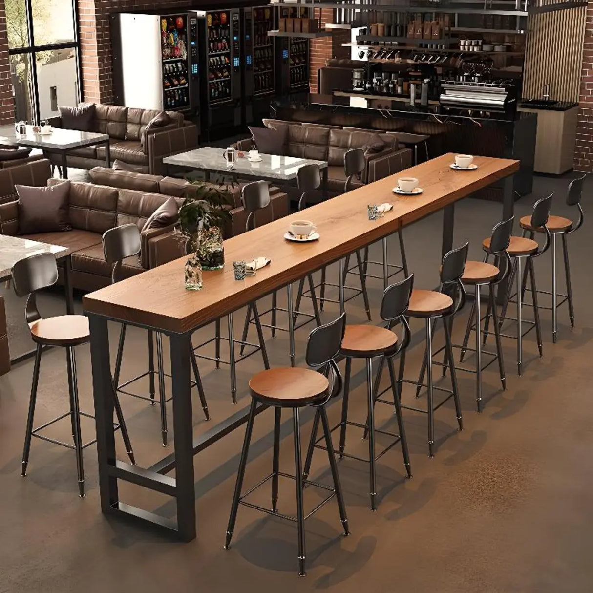 Brown Rectangle Wood Large Bar Table with Metal Legs Image - 2