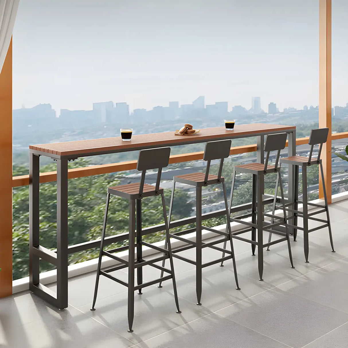 Brown Rectangular Metal Tall Outdoor Bar Table With Footrest Image - 3