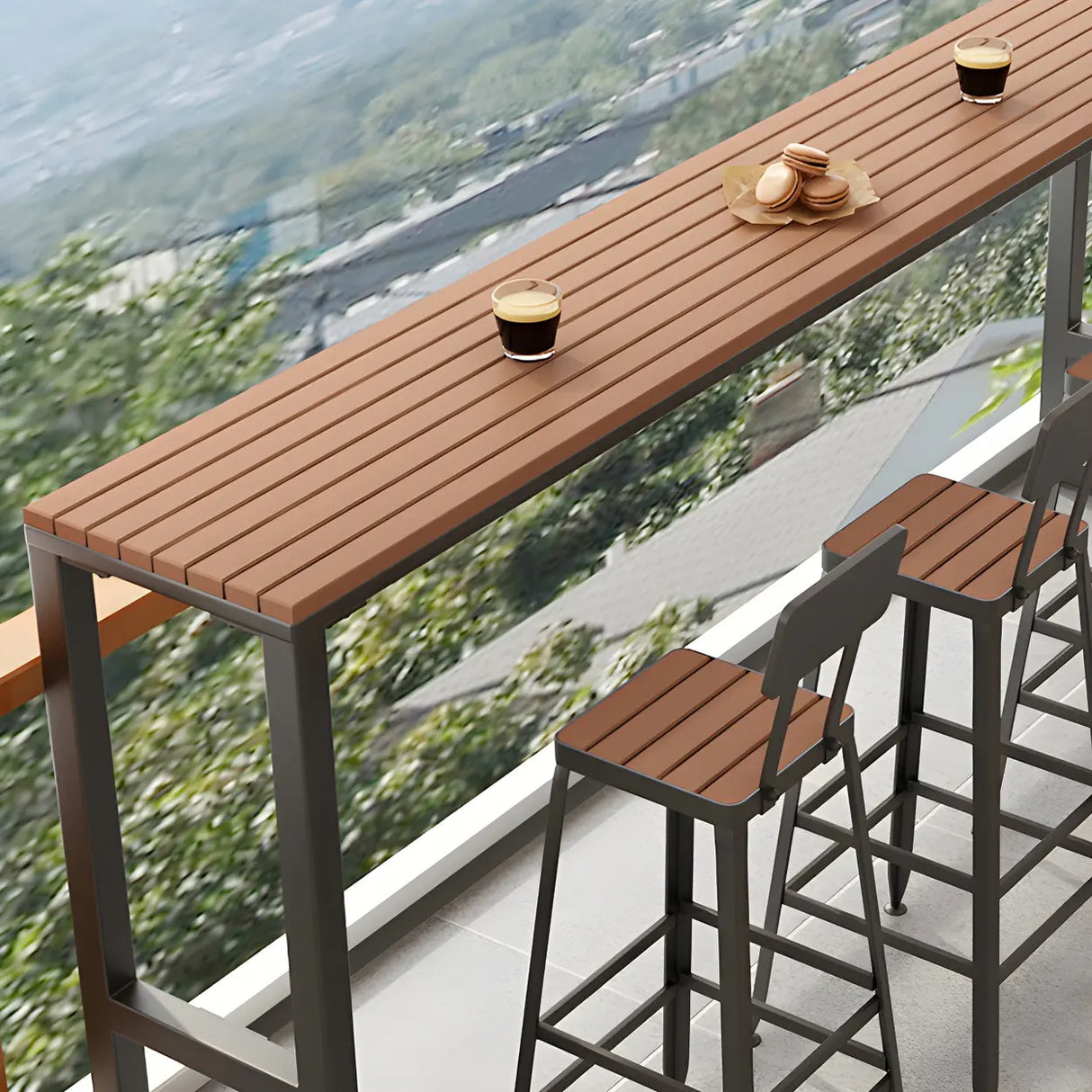 Brown Rectangular Metal Tall Outdoor Bar Table With Footrest Image - 4