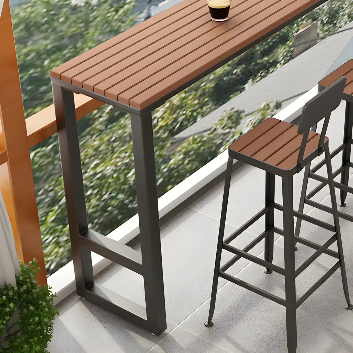 Brown Rectangular Metal Tall Outdoor Bar Table With Footrest Image - 6