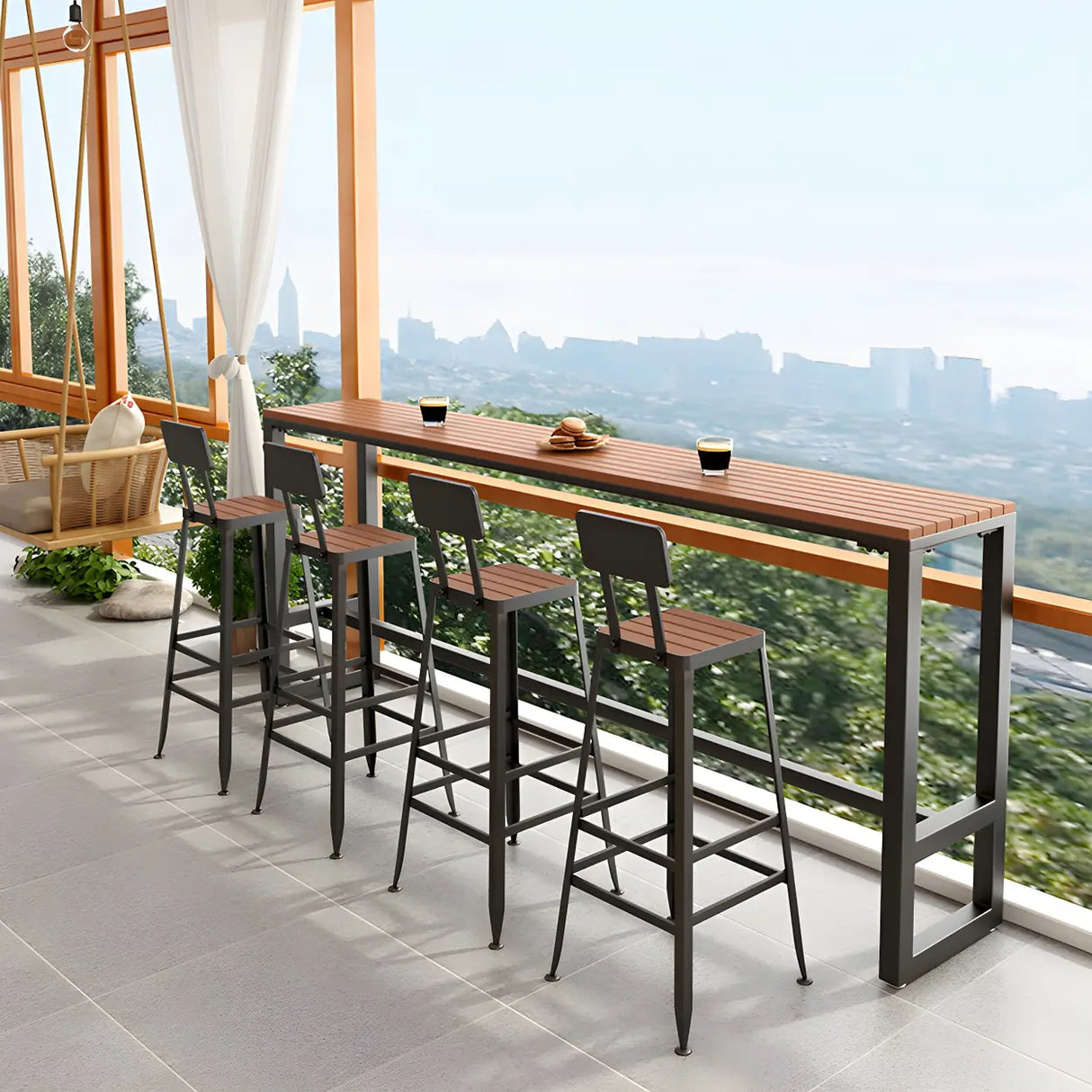 Brown Rectangular Metal Tall Outdoor Bar Table With Footrest Image - 8