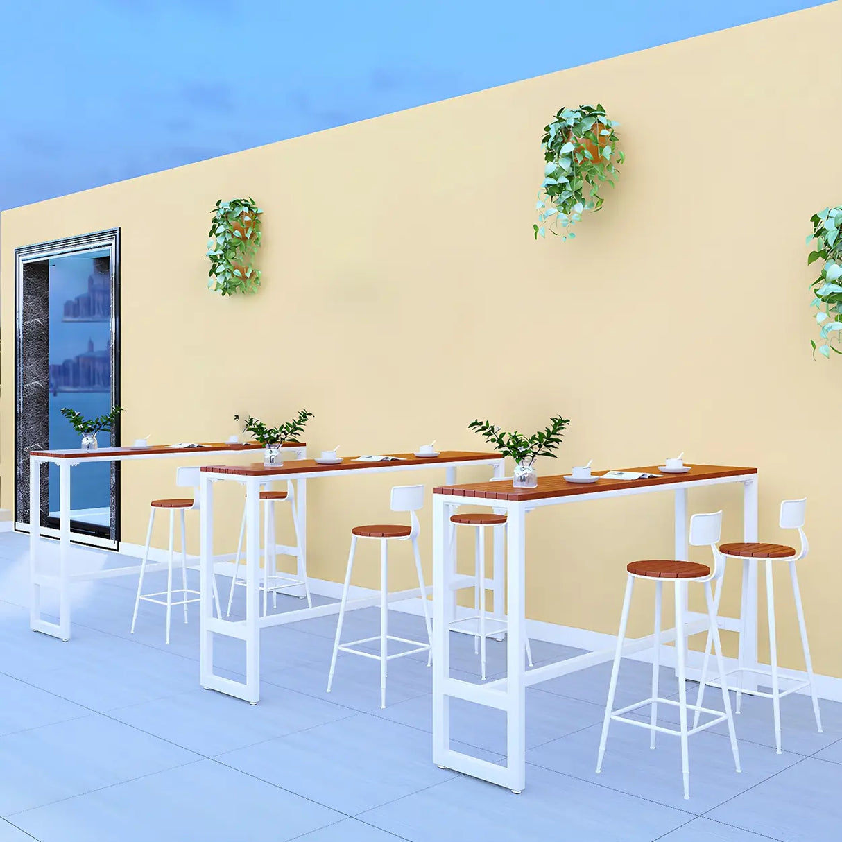 Brown Rectangular Metal Tall Outdoor Bar Table With Footrest Image - 9