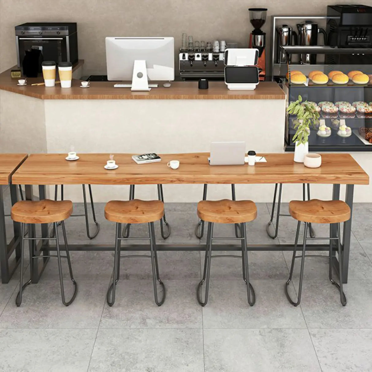 Industrial Brown Long Rectangular Wood Iron Bar Table Set Image - 2