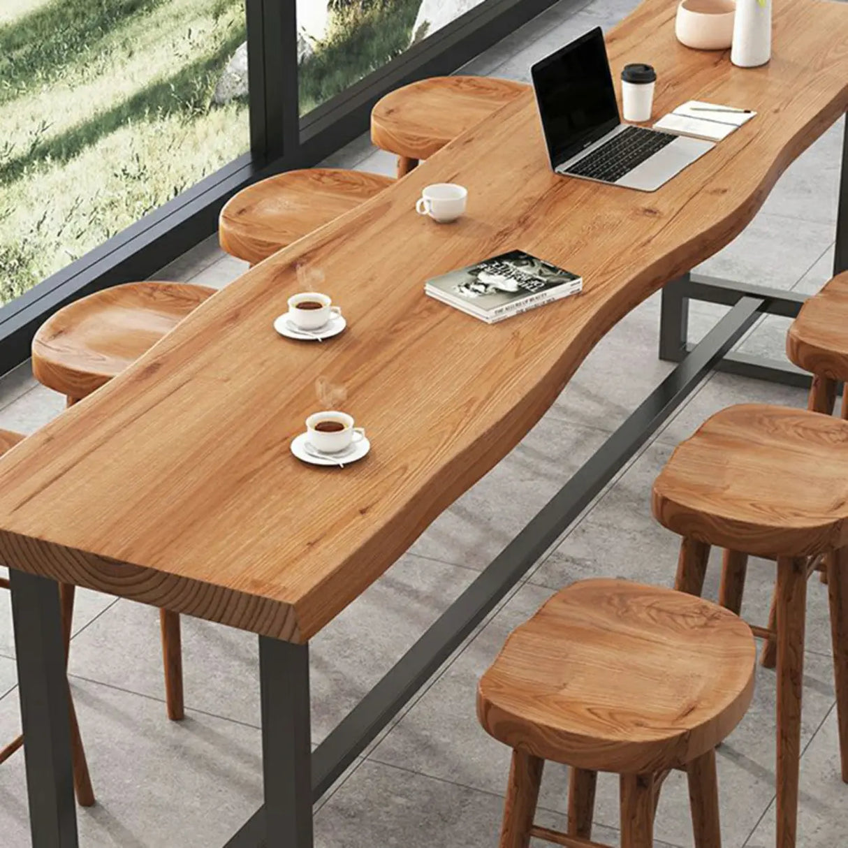 Industrial Brown Long Rectangular Wood Iron Bar Table Set Image - 4