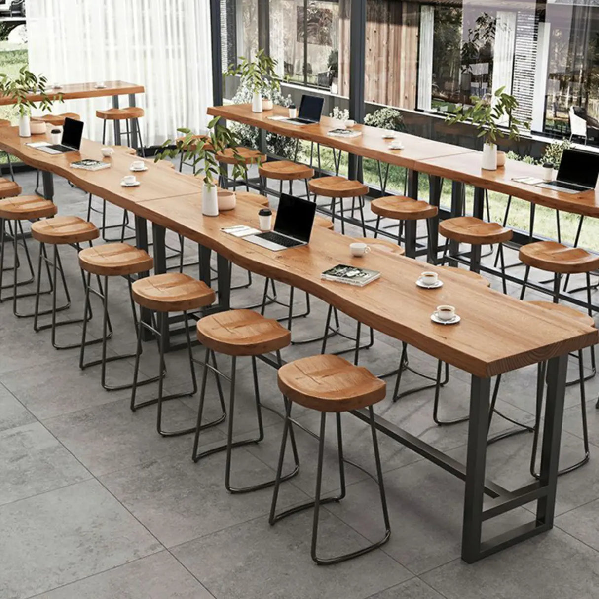 Industrial Brown Long Rectangular Wood Iron Bar Table Set Image - 3