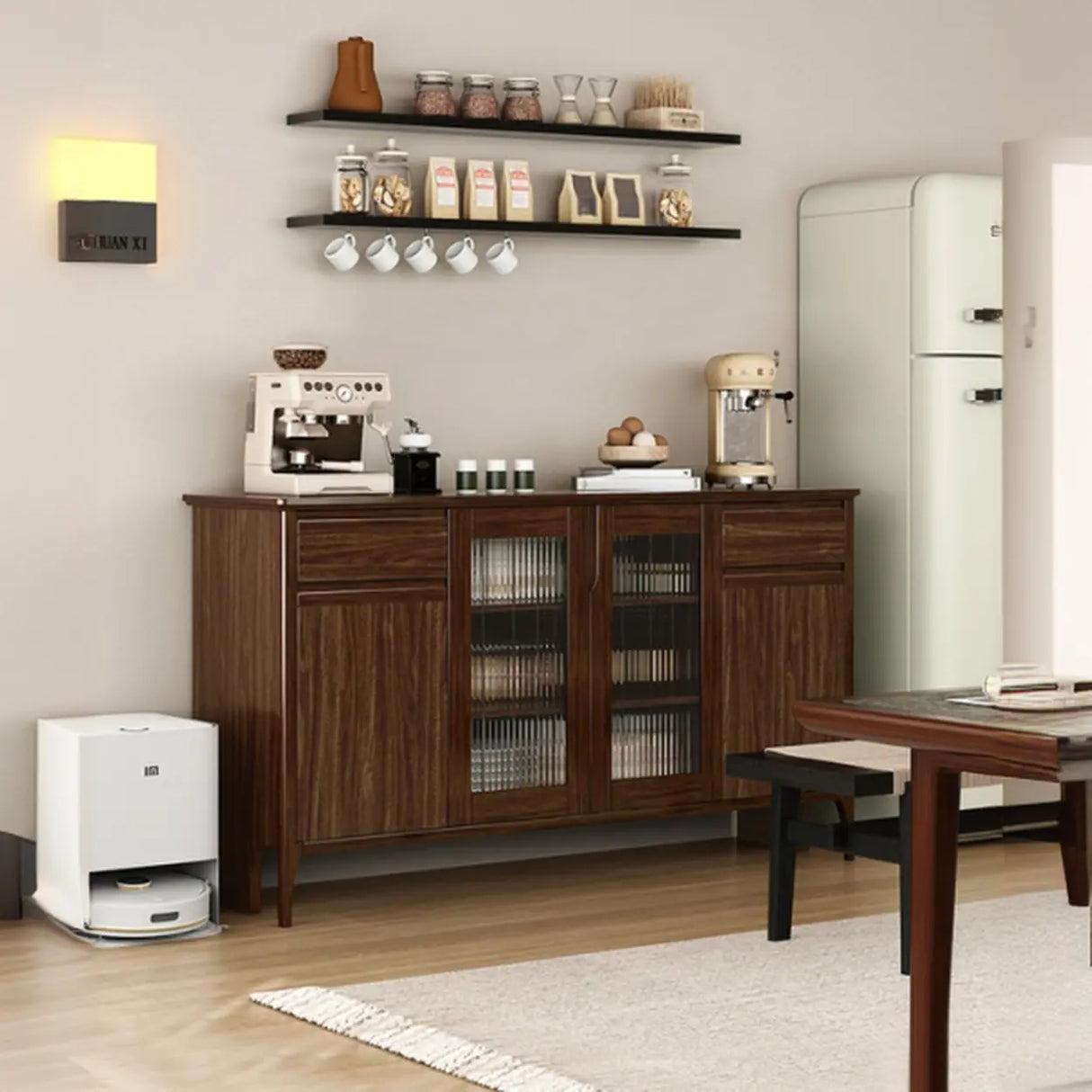 Brown Rectangular Wood Kitchen Storage China Cabinet Image - 13