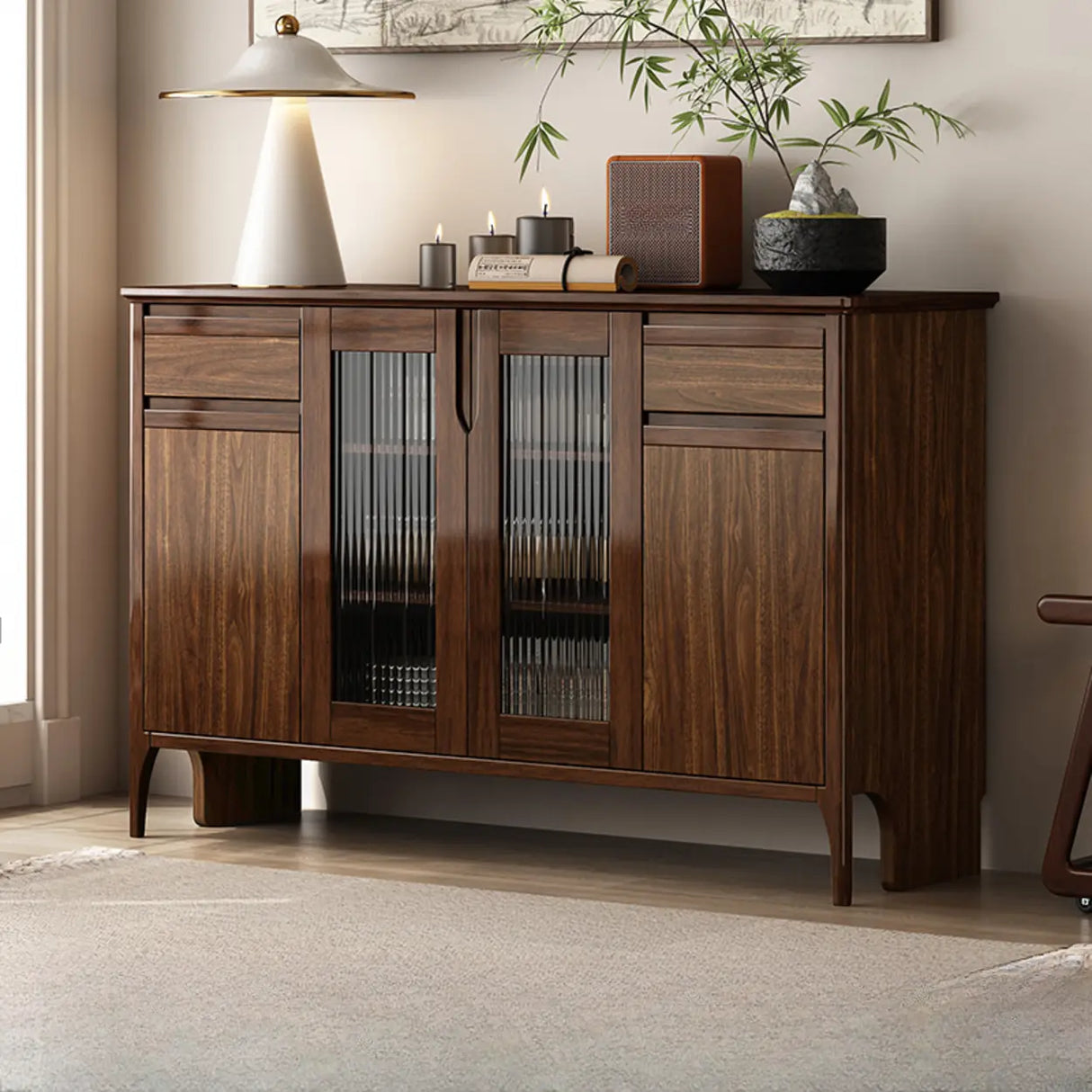 Brown Rectangular Wood Kitchen Storage China Cabinet Image - 3