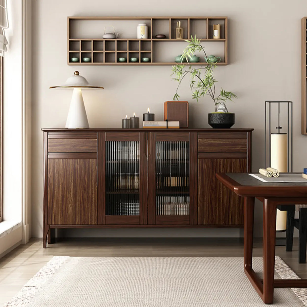 Brown Rectangular Wood Kitchen Storage China Cabinet Image - 4