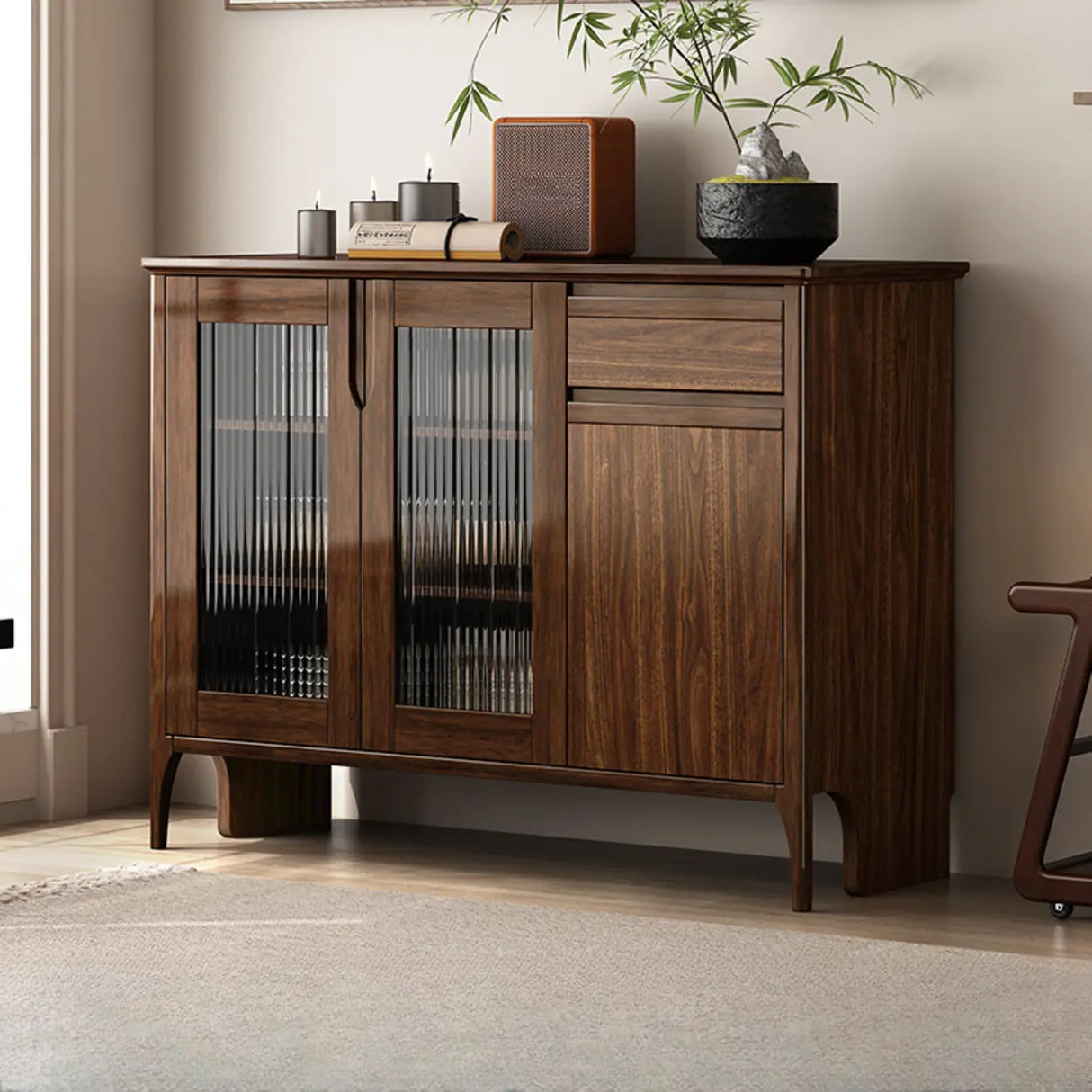 Brown Rectangular Wood Kitchen Storage China Cabinet Image - 5