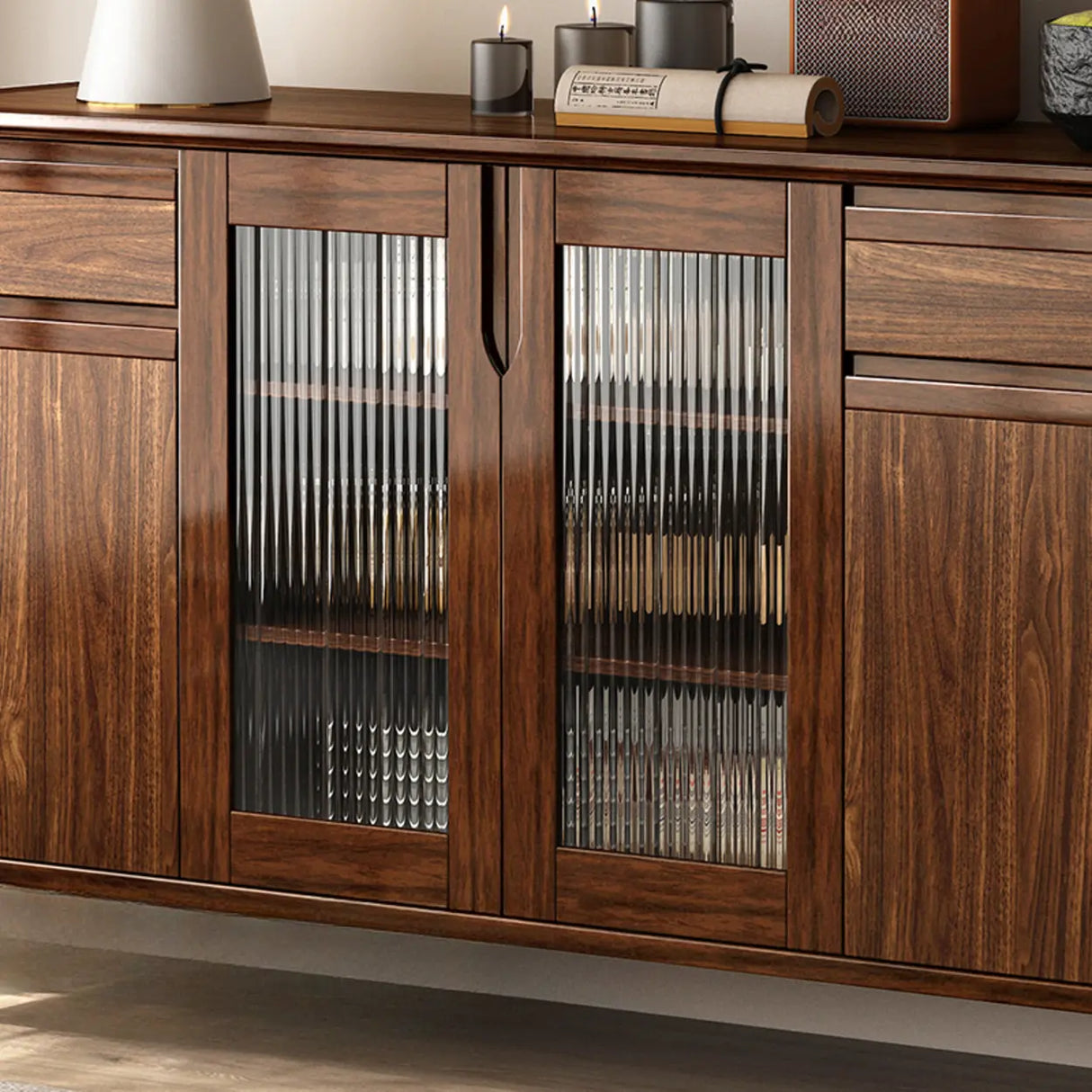 Brown Rectangular Wood Kitchen Storage China Cabinet Image - 6