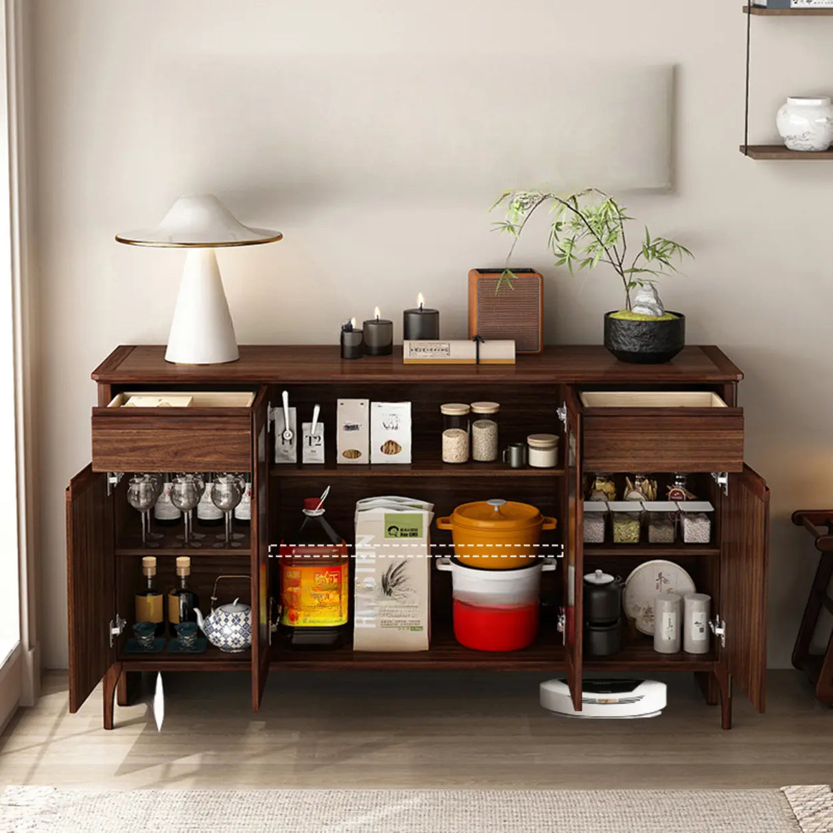 Brown Rectangular Wood Kitchen Storage China Cabinet Image - 9