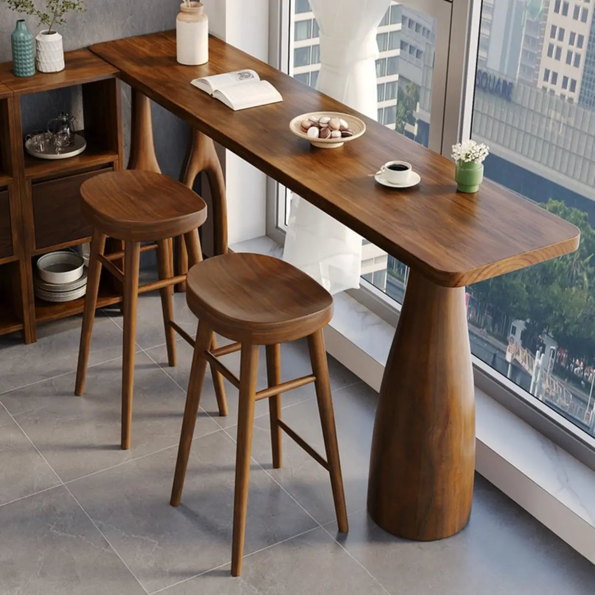 Brown Rectangular Wood Large Bar Table with Pedestal Image - 1