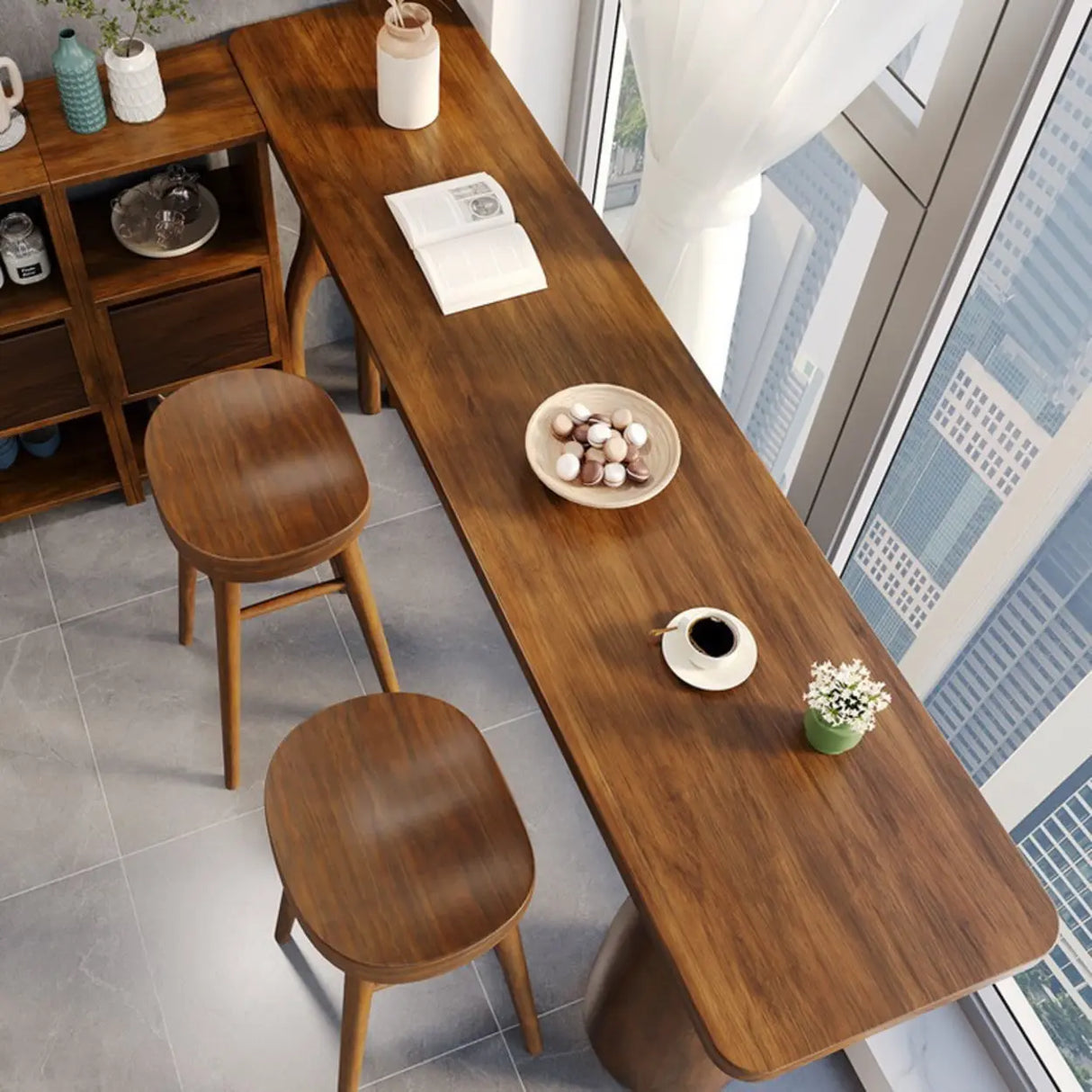 Brown Rectangular Wood Large Bar Table with Pedestal Image - 2