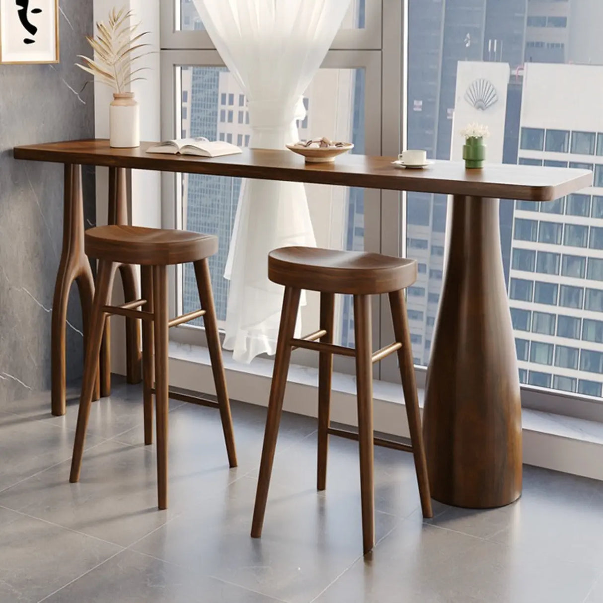 Brown Rectangular Wood Large Bar Table with Pedestal Image - 3