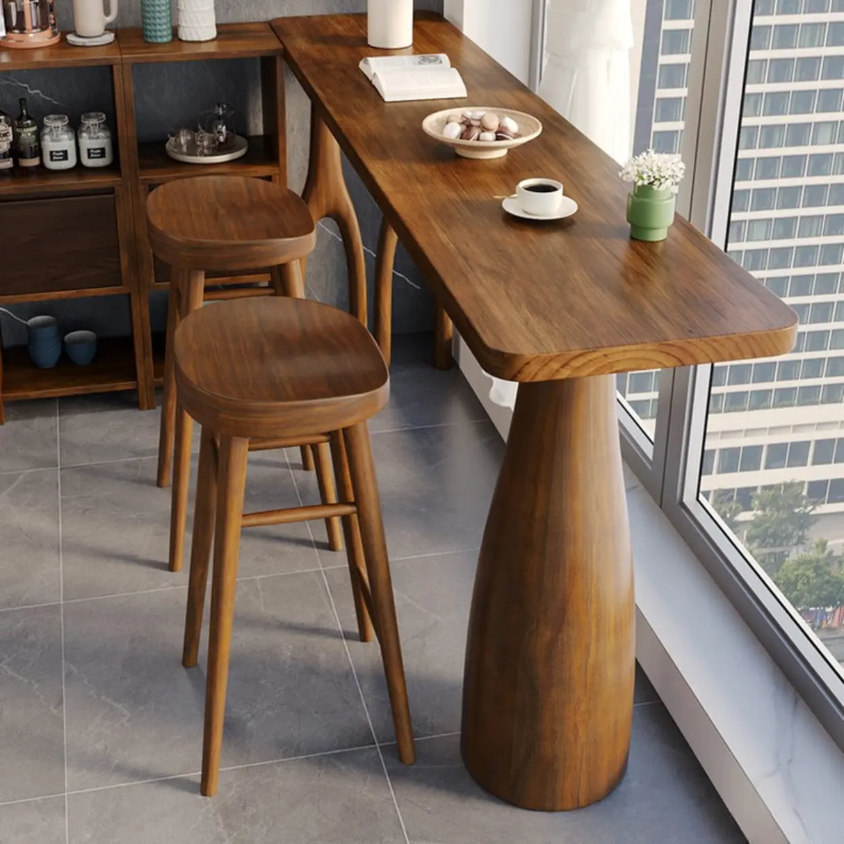 Brown Rectangular Wood Large Bar Table with Pedestal Image - 4