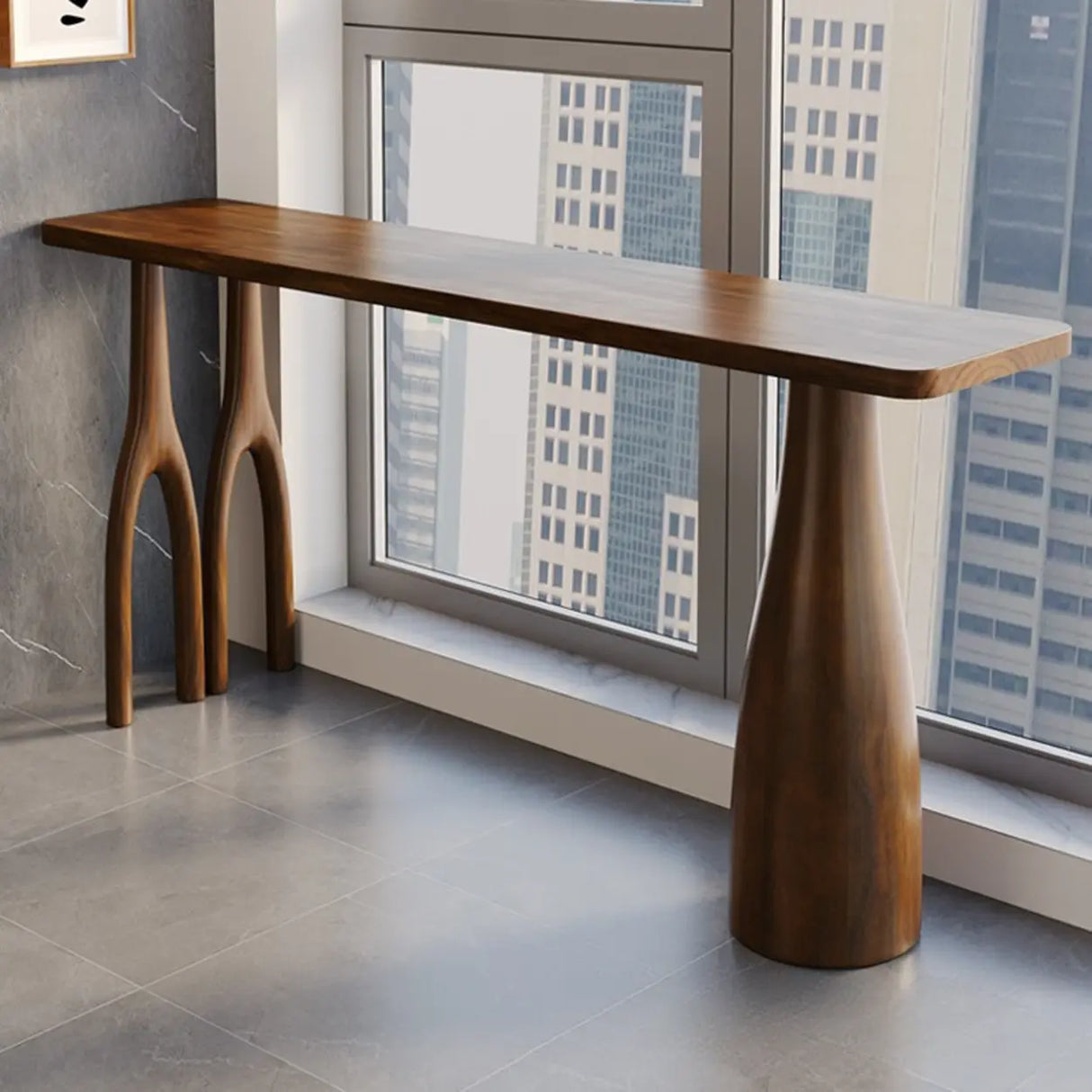 Brown Rectangular Wood Large Bar Table with Pedestal Image - 6