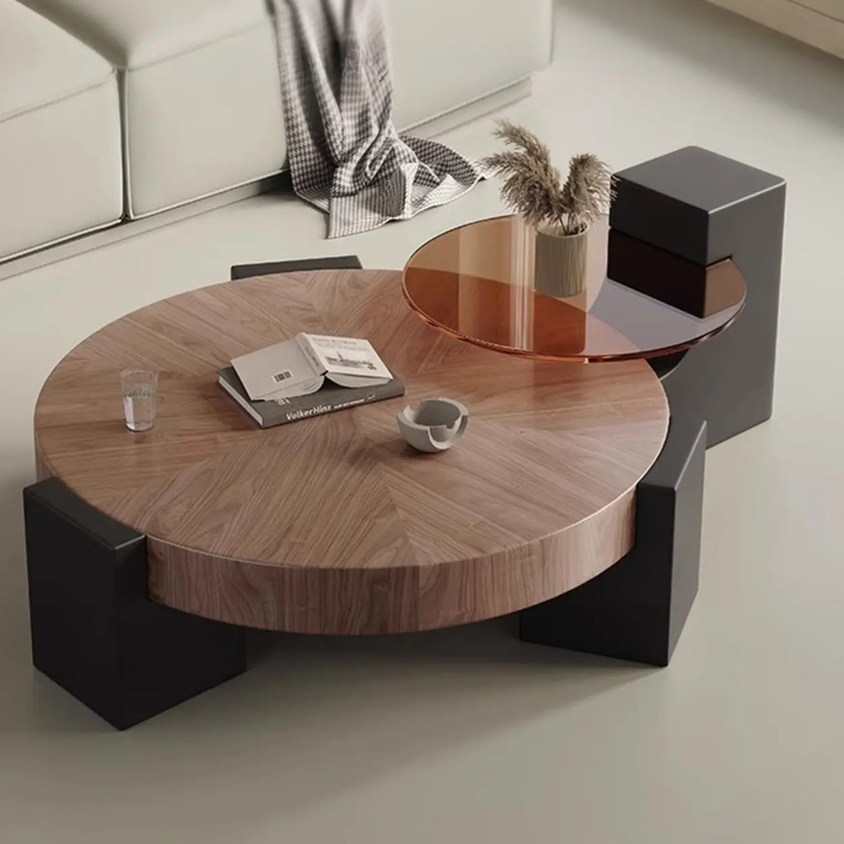 Brown Round Wood Nesting Coffee Tables with Three Leg Image - 4