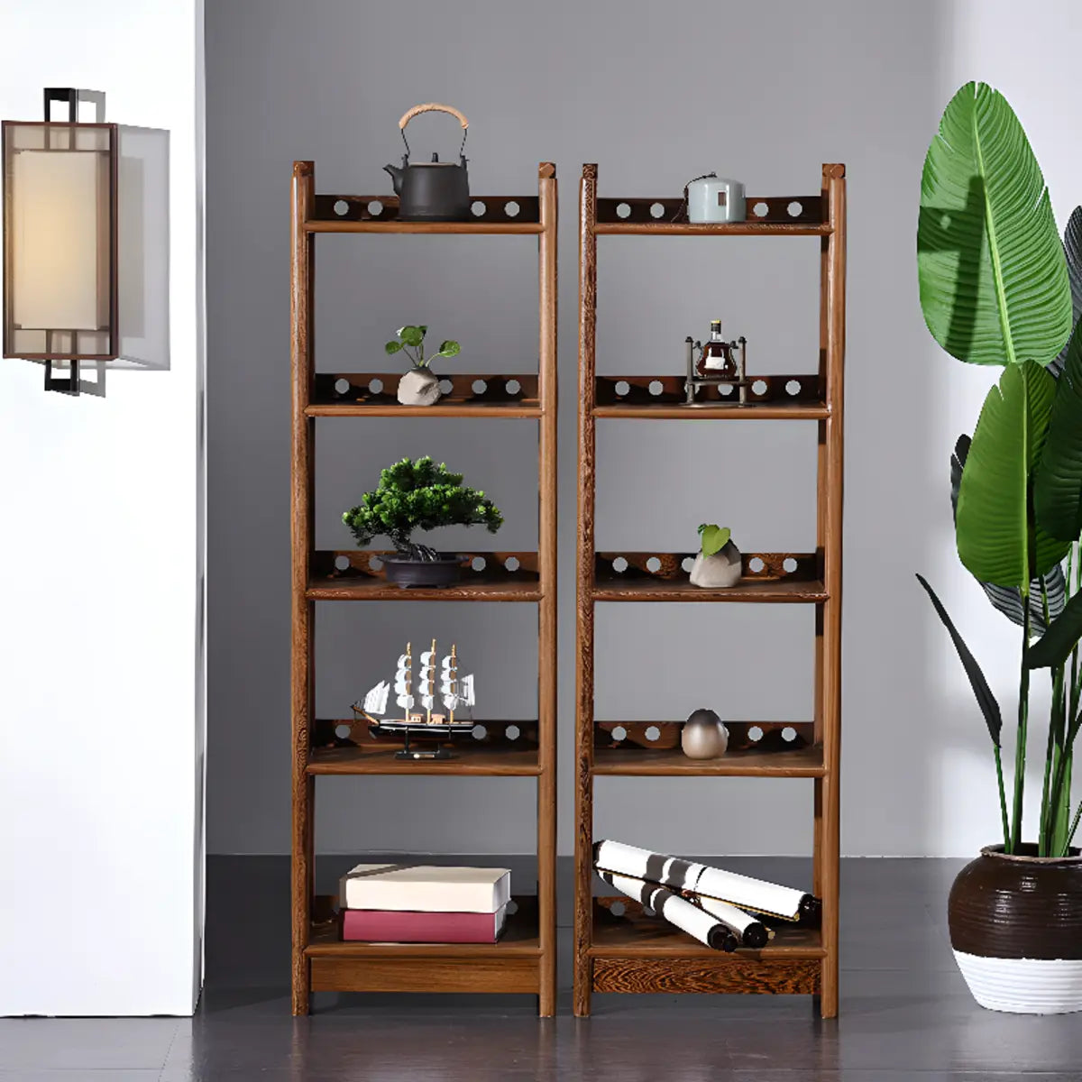 Brown Rustic Open Ladder Multi-tier Display Bookshelf Image - 1