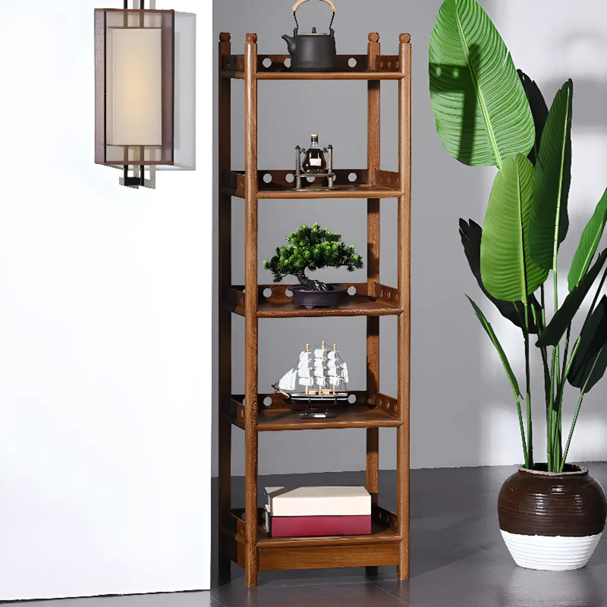 Brown Rustic Open Ladder Multi-tier Display Bookshelf Image - 5