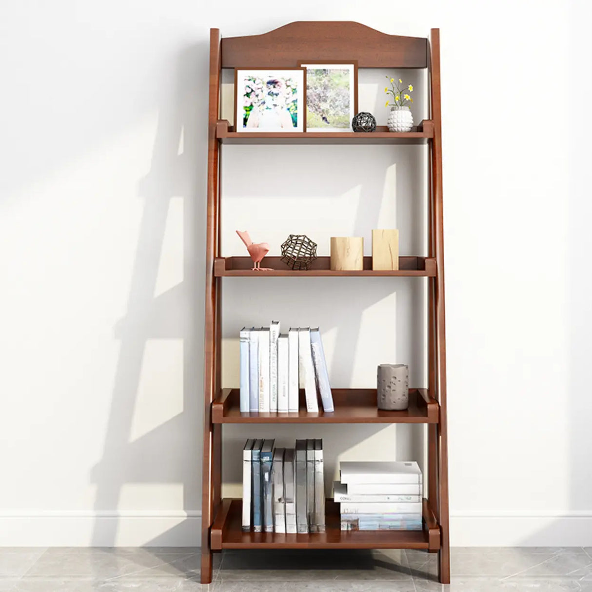Brown Rustic Vertical Ladder Wood Display Bookshelf Image - 4
