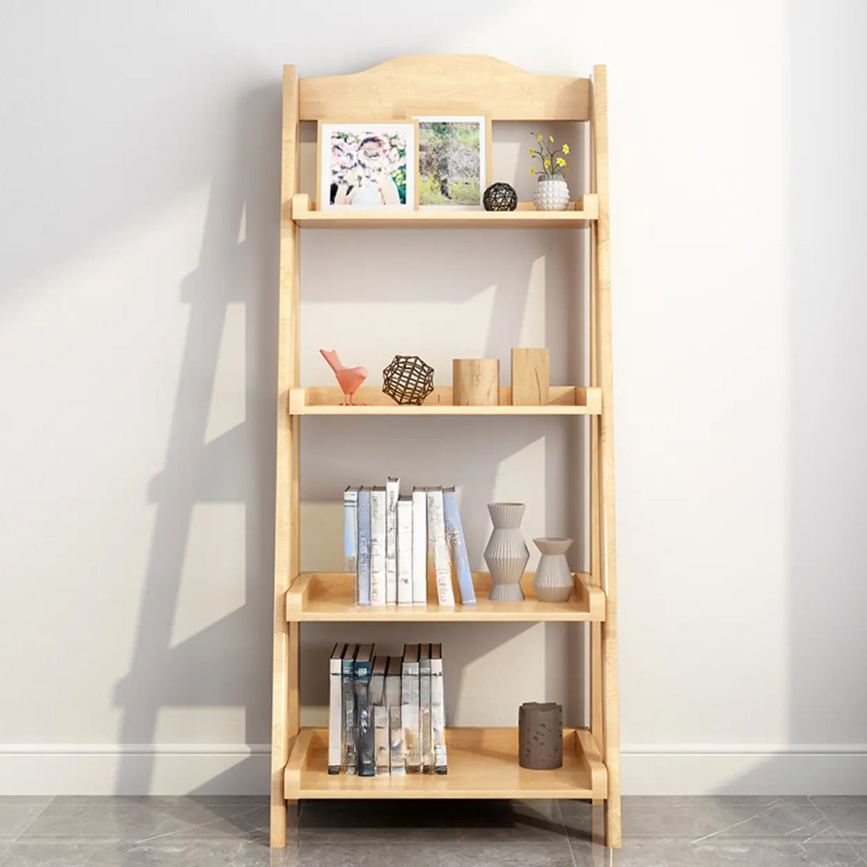 Brown Rustic Vertical Ladder Wood Display Bookshelf Image - 5