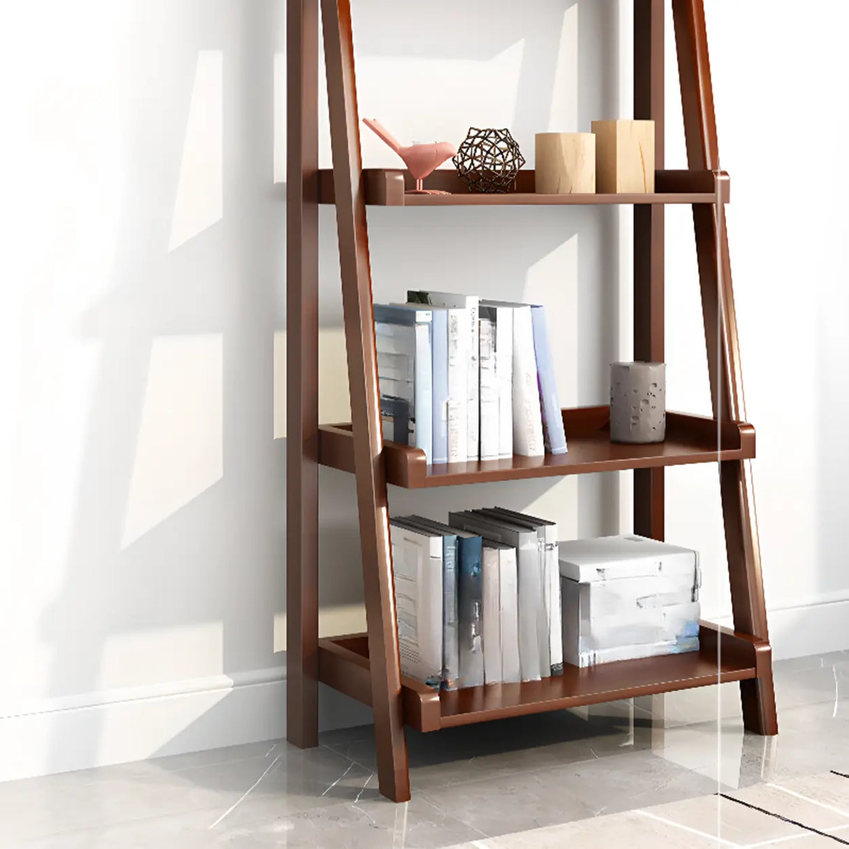 Brown Rustic Vertical Ladder Wood Display Bookshelf Image - 8
