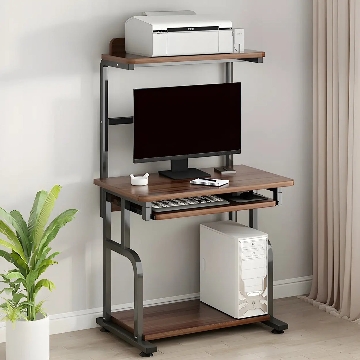 Brown Single Wooden Computer Desk with Shelves Image - 1