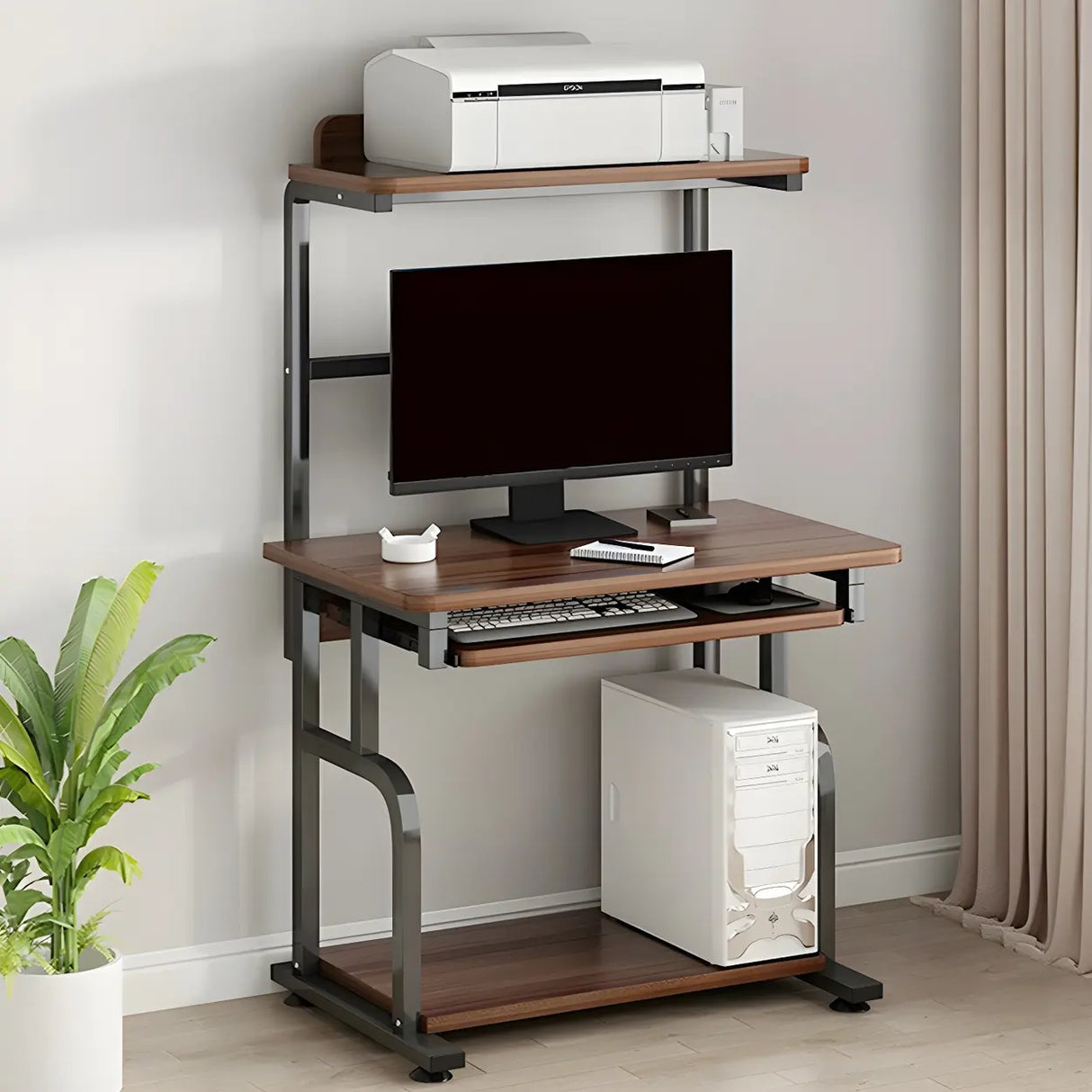 Brown Single Wooden Computer Desk with Shelves Image - 4