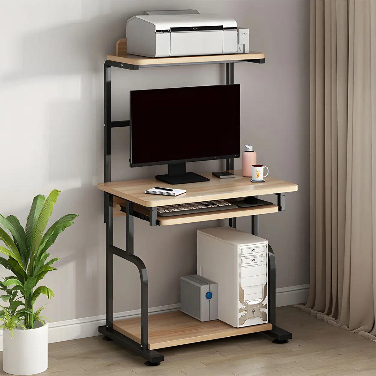 Brown Single Wooden Computer Desk with Shelves Image - 5