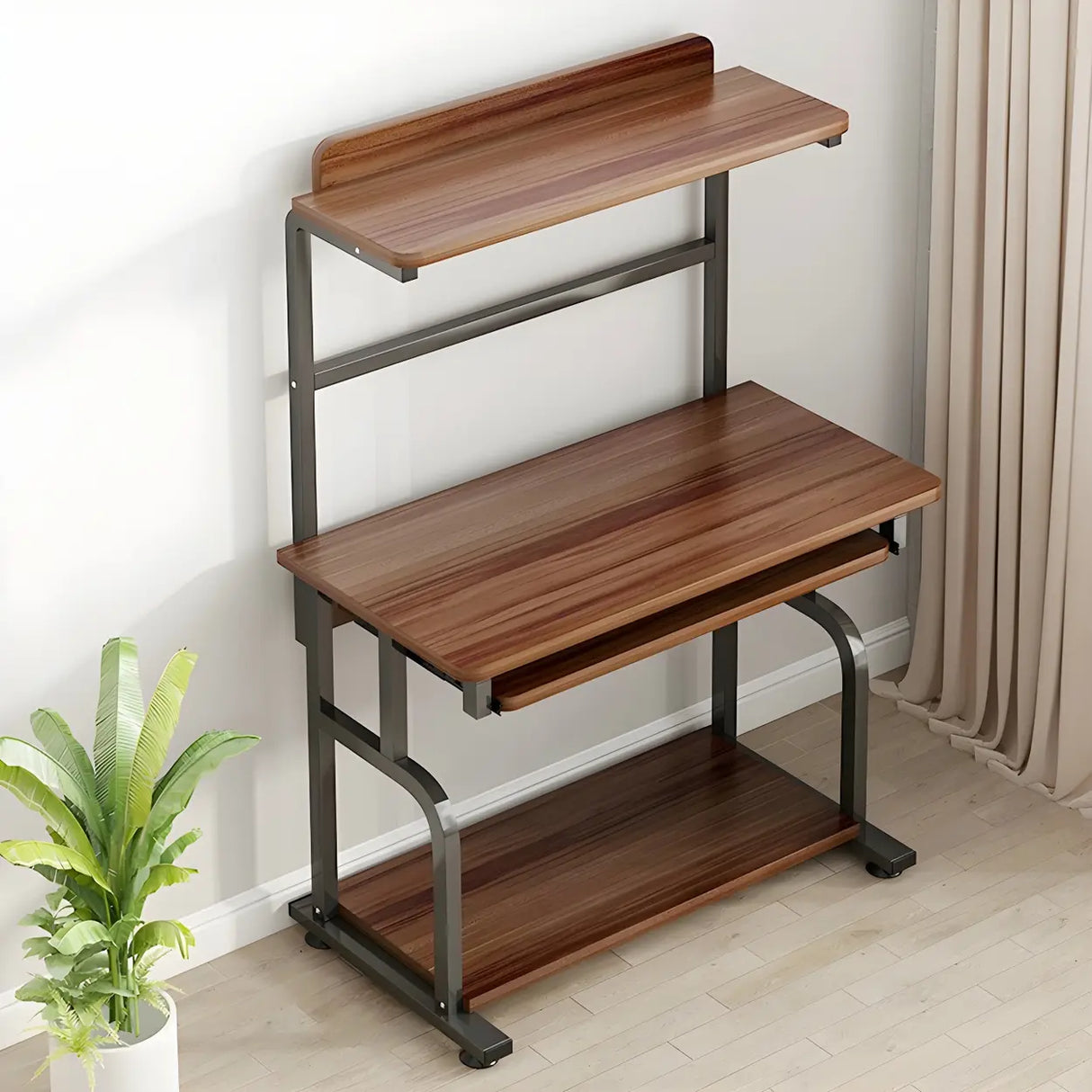 Brown Single Wooden Computer Desk with Shelves Image - 6